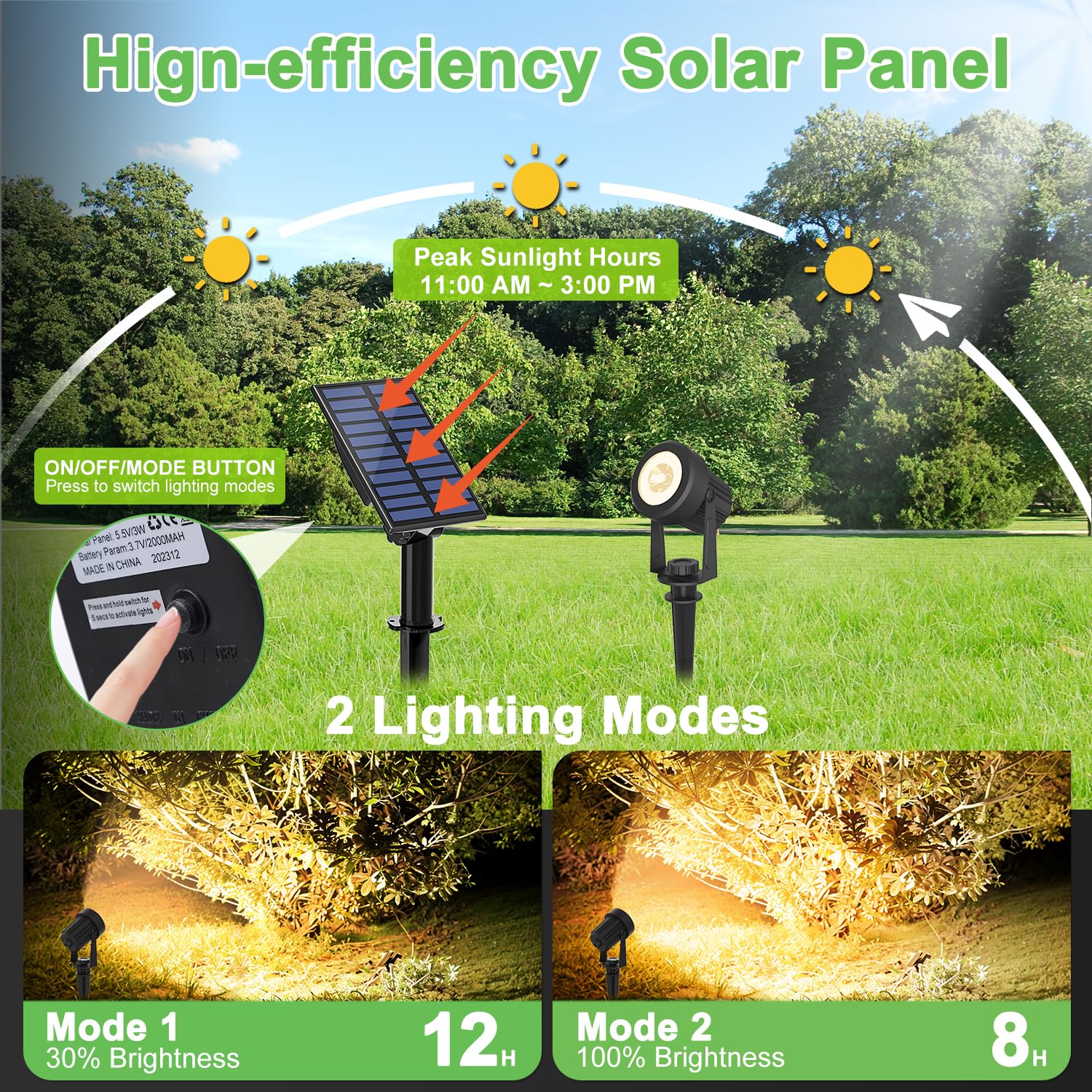2-in-1 Solar Spotlights Outdoor - IP65 Waterproof Solar Landscape Lighting with 9.8ft Cable, Dusk to Dawn Warm White for Garden, Yard, Path & Tree Decoration | Perfect for Outdoor Security, Pathway Illumination & Landscape Highlighting