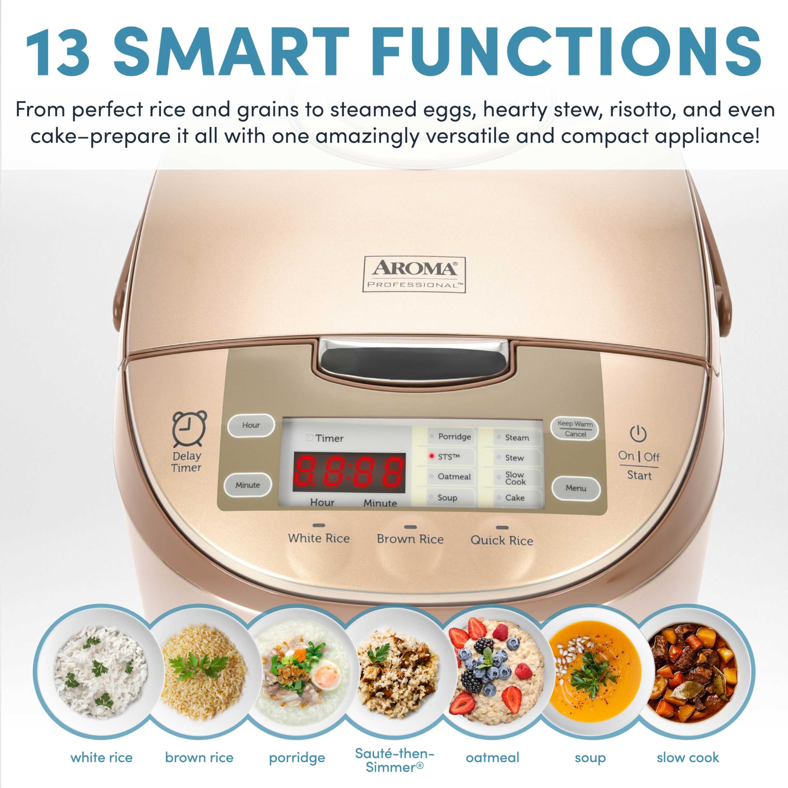 Aroma Housewares ARC-6106 6-Cup Professional Rice Cooker & Slow Cooker with Steamer - Multi-Functional Digital Pot for Rice, Soup & Meal Prep - Perfect for Dorms, Offices & Small Kitchens (Champagne)