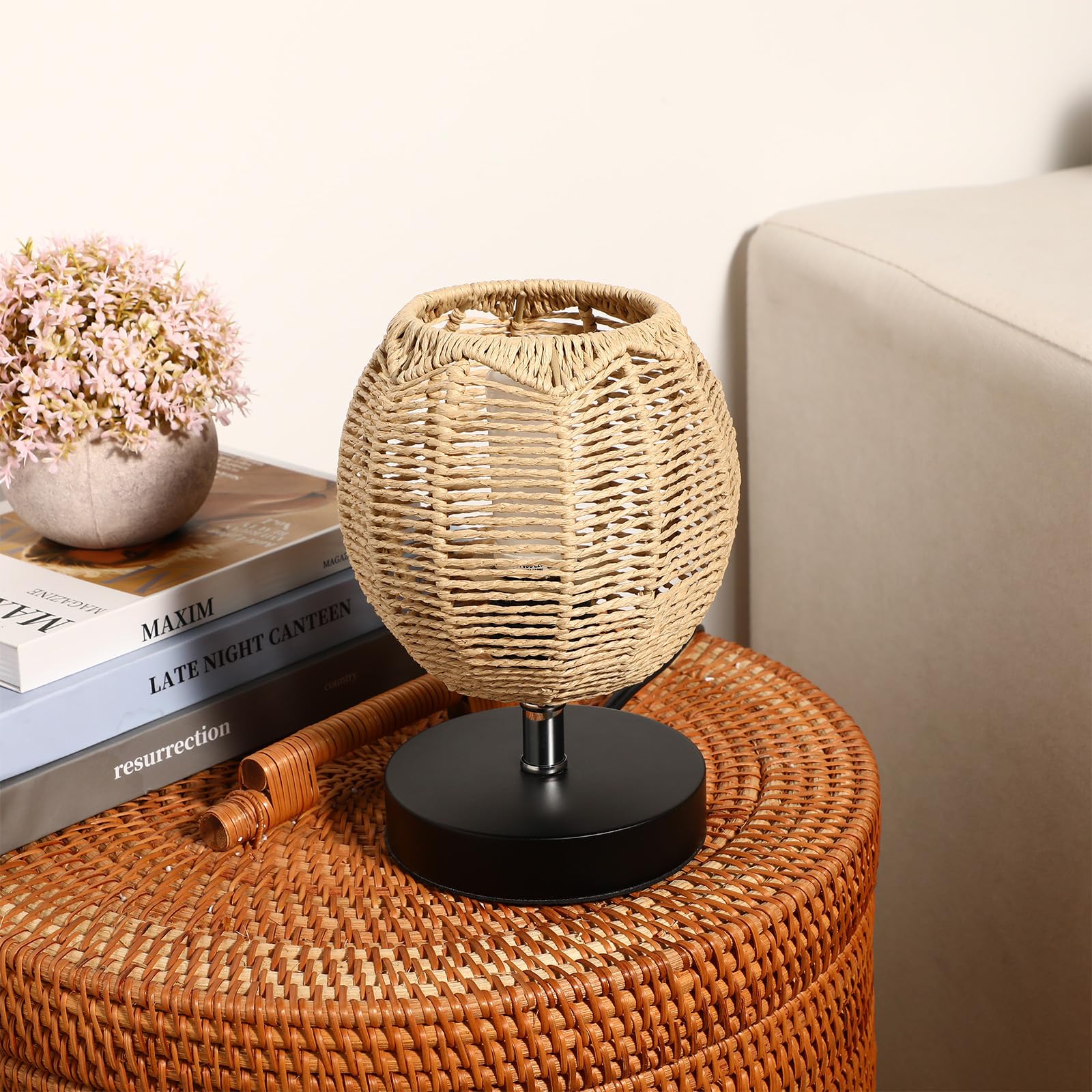 DOITOOL Small Wicker Rattan Lamp Shade - Boho Woven Pendant Light Cover, Retro Replacement Lampshade for Floor Lamps, Chandeliers, Desk Lamps, Wall Sconces (Khaki Dark/Light) - Perfect for Living Room, Bedroom, and Patio Decor