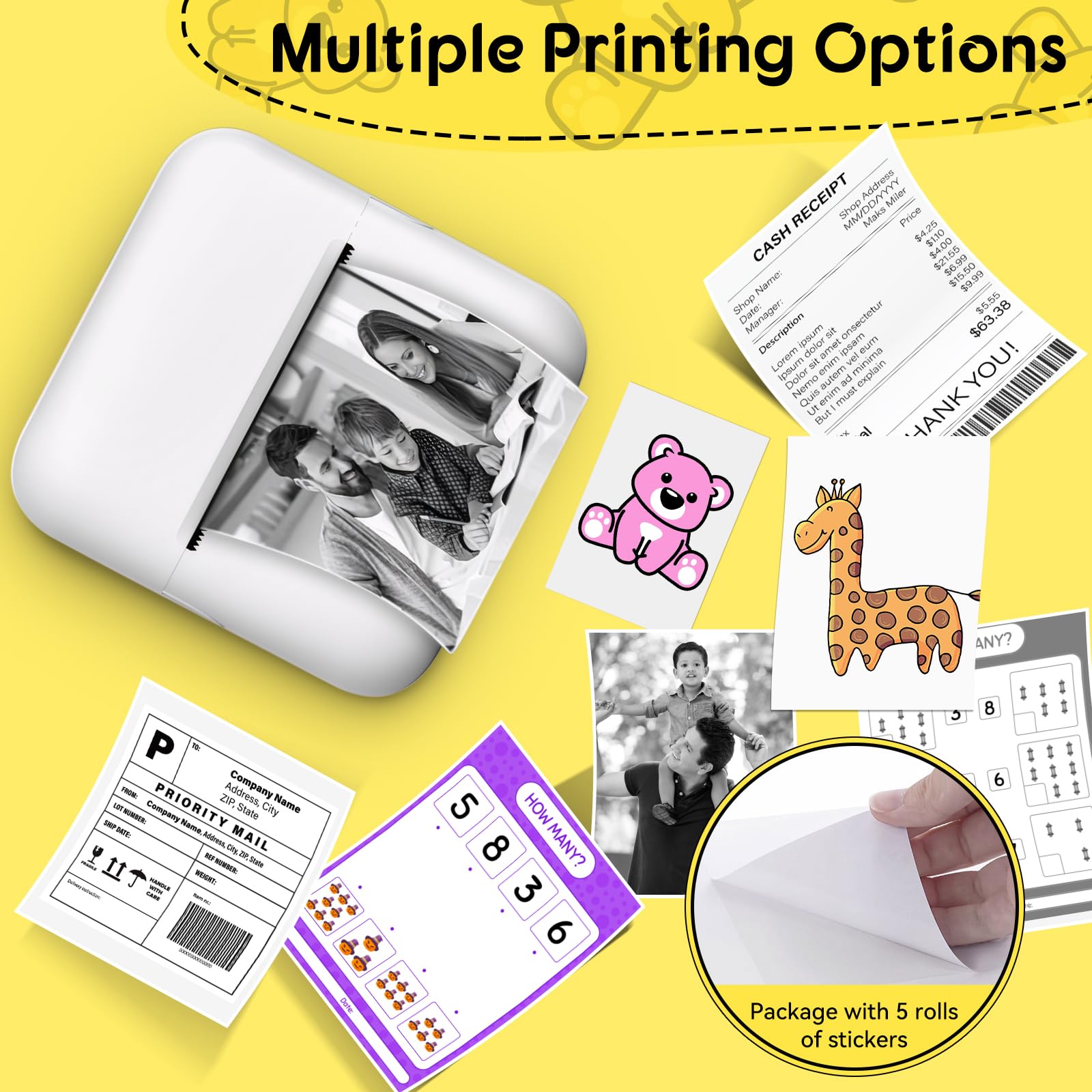 LVCDODVD Mini Thermal Printer - Portable Bluetooth Photo Printer for Stickers, Notes & DIY Painting | Wireless Compatible with iOS & Android | Includes 13 Colorful Ink Rolls | Perfect for Home, School & Office Use