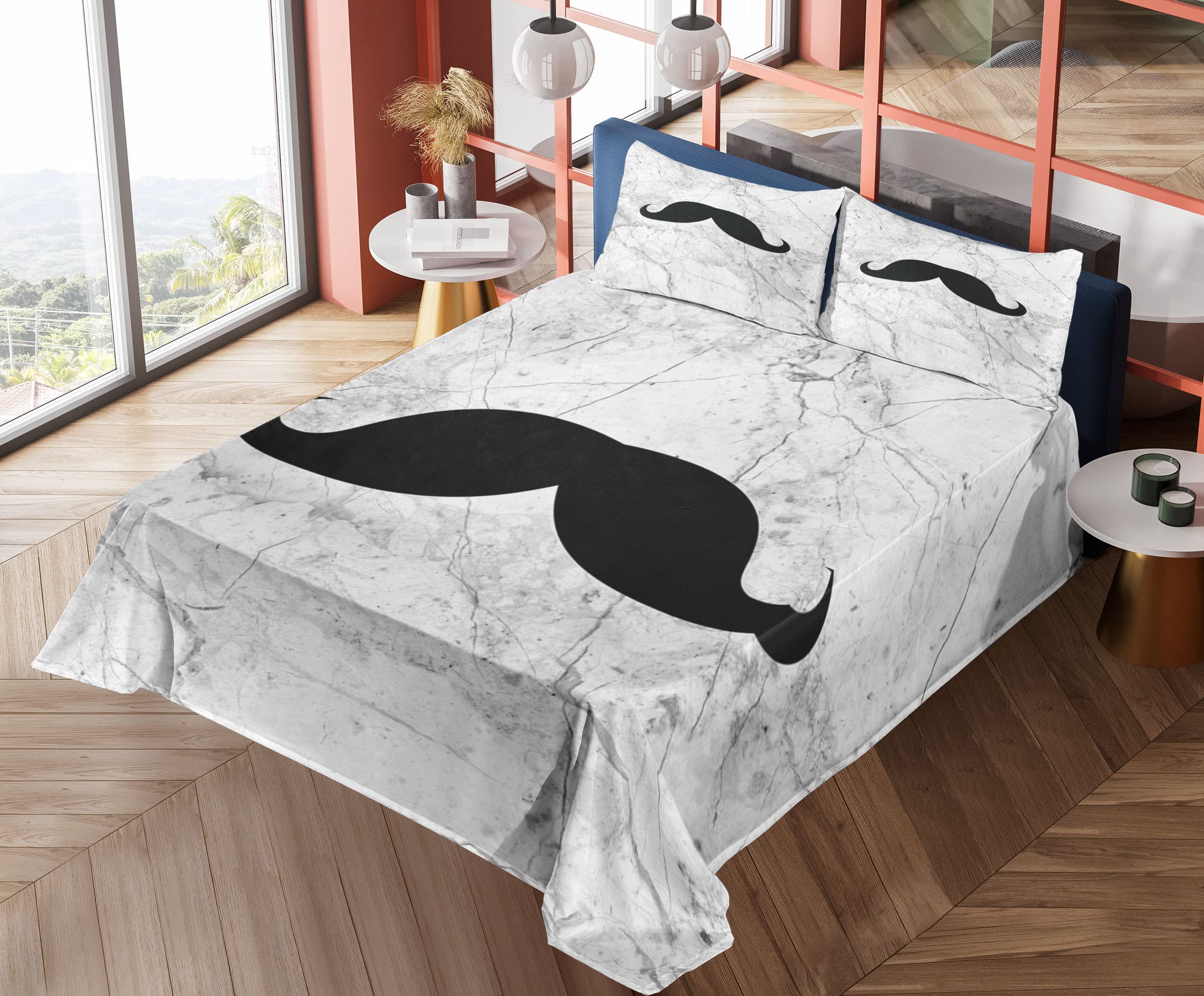 Ambesonne Men's Retro Mustache Bed Sheet Set - 3 Piece Twin XL, Grey Black White Marble Print, Fitted & Flat Sheets with Pillowcase | Durable Cotton Blend for Modern Bedroom, Guest Room & College Dorm Decor