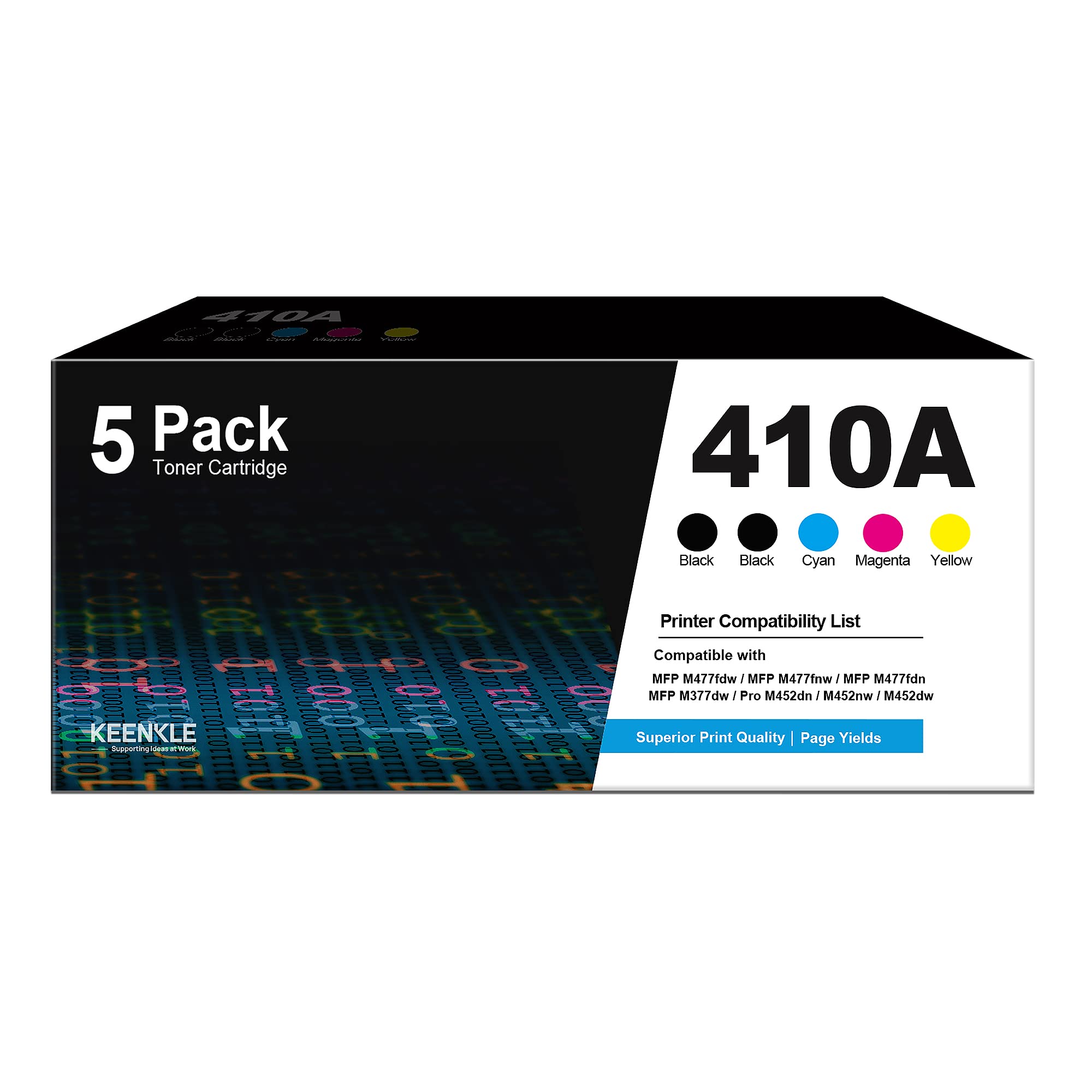 HP 410A Toner Cartridge 5-Pack (Black, Cyan, Yellow, Magenta) - Compatible Replacement for CF410A 410X - Works with HP Color LaserJet Pro MFP M477fnw M477fdw M452dn Printers | Ideal for Office Printing, Business Documents & High-Quality Color Outputs