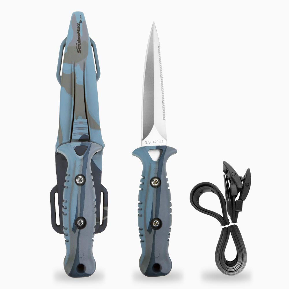 ScubaMax Free Dive Spearfishing Knife - Stainless Steel Diving Knife with Adjustable Thigh Holster - Perfect for Underwater Hunting, Scuba Diving & Emergency Situations