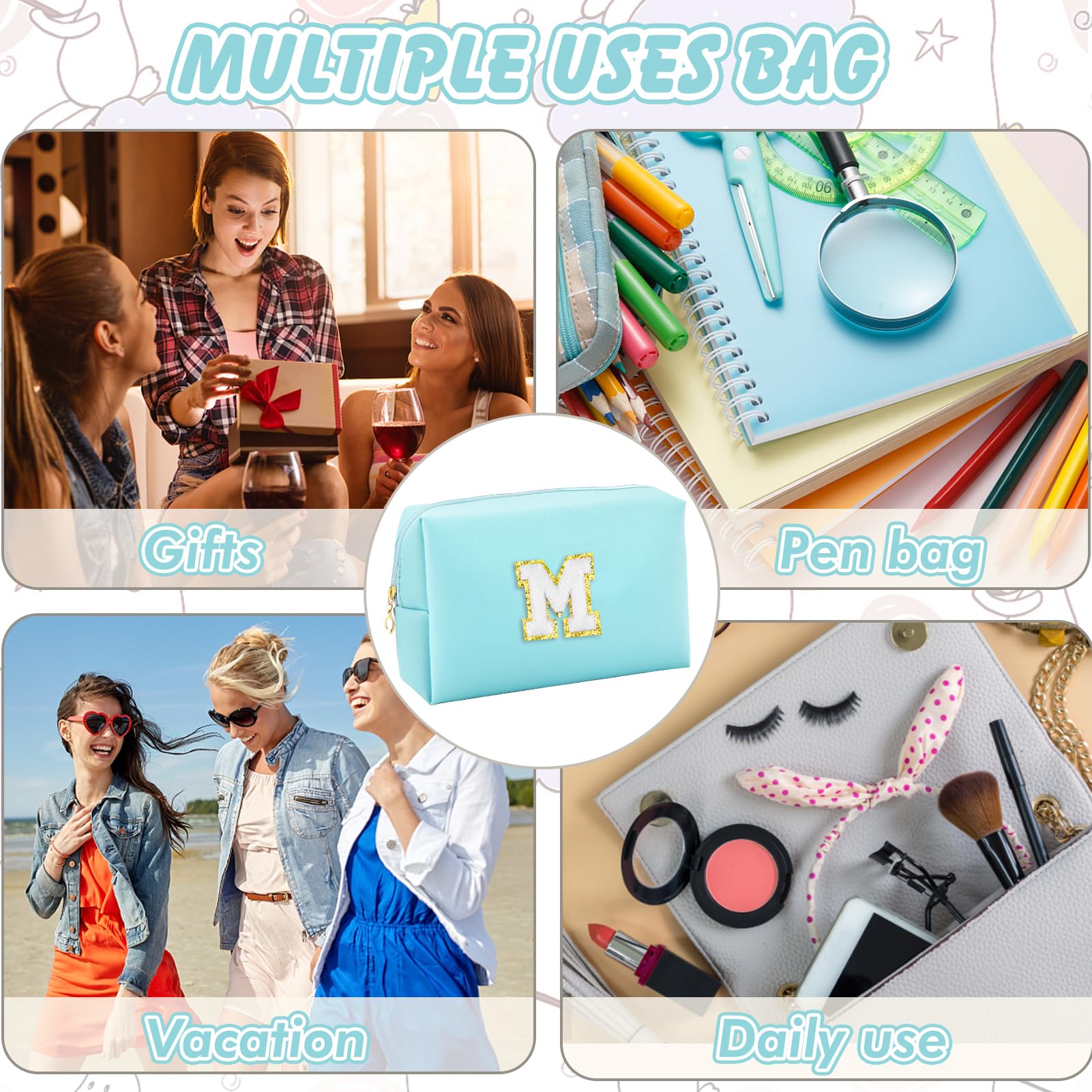 Personalized Initial Makeup Bag for Girls - Waterproof PU Cosmetic Pouch with Zipper, Cute Travel Toiletry Bag, Preppy Birthday Gift for Teen Girls & Women (Blue, Medium) | Perfect for Travel, School, Sleepovers & Daily Makeup Organization
