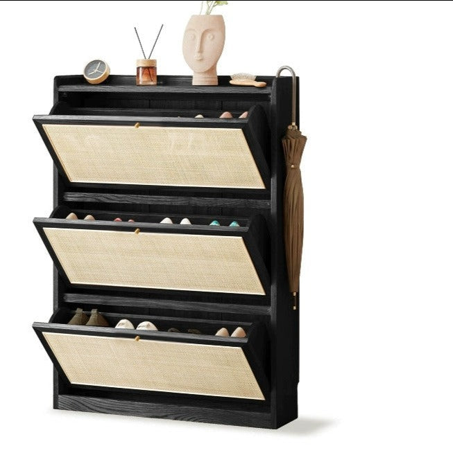 Oak Solid Wood Ultra Thin Flap Door Rattan Shoe Cabinet - Space Saving Entryway Storage Organizer for Hallway, Closet & Mudroom