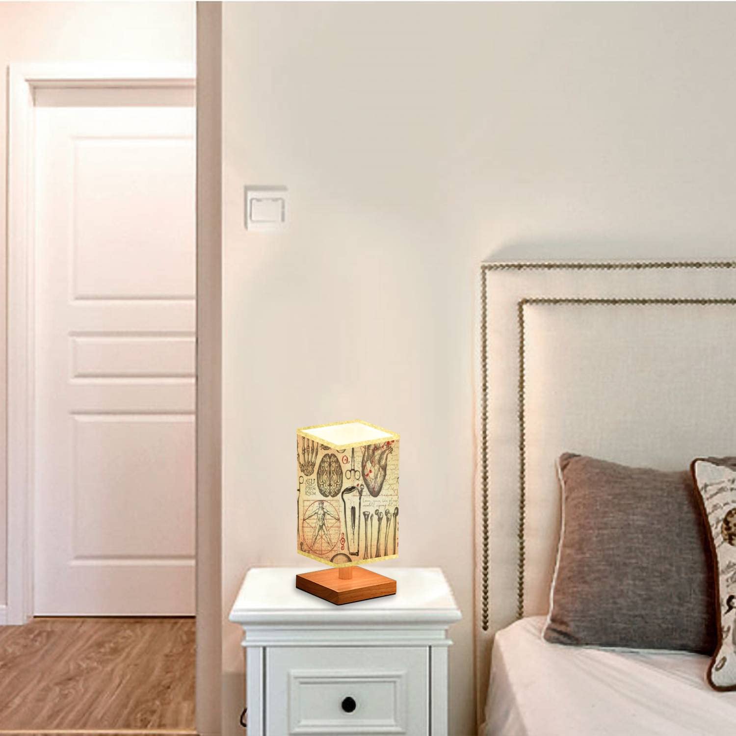 Hand-Painted Human Anatomy Table Lamp with Skull & Bones Design - Dimmable Nightstand Lamp with Wooden Base & Flaxen Fabric Shade for Bedroom, Living Room, Office - Perfect Gothic Decor & Study Lighting