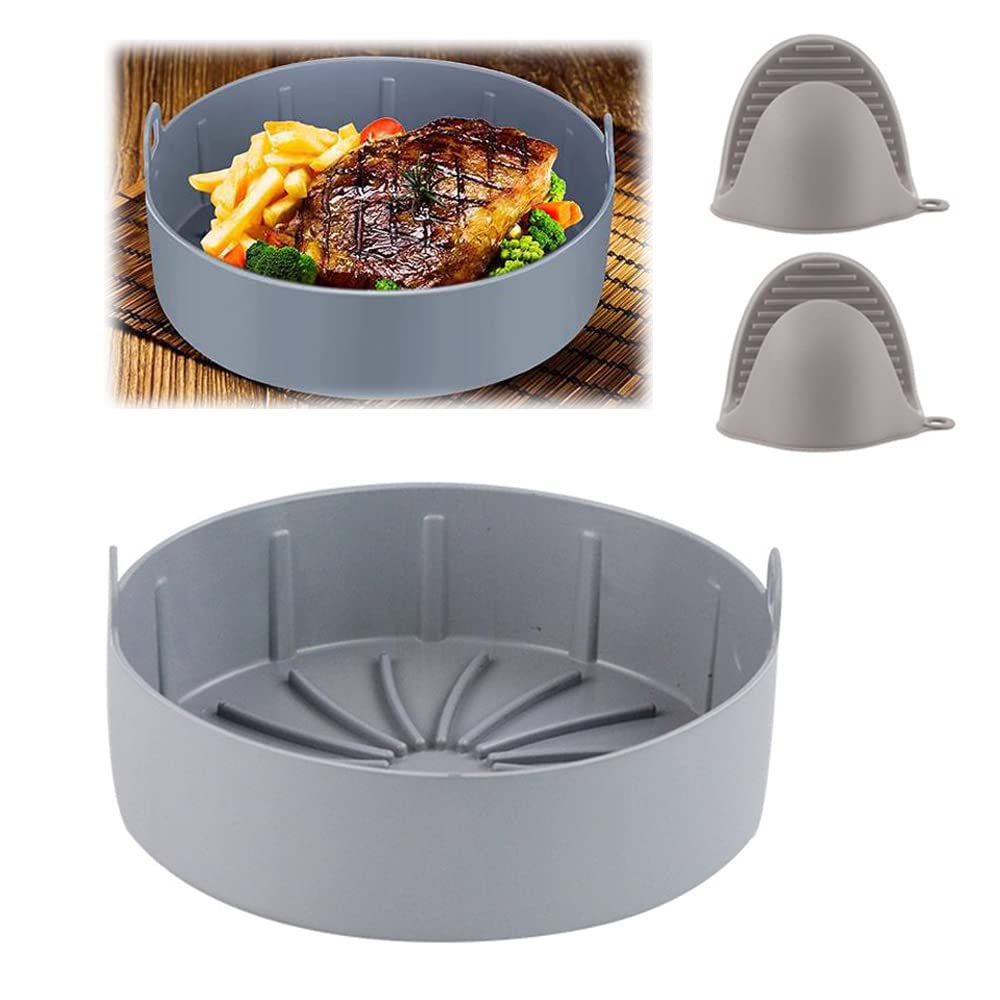 Non-Toxic Air Fryer Silicone Basket with 2 Heat-Resistant Gloves - 19cm Reusable Oven Safe Accessory for Healthy Cooking - Perfect for Roasting, Baking & Frying Chicken Wings, Fries & Vegetables