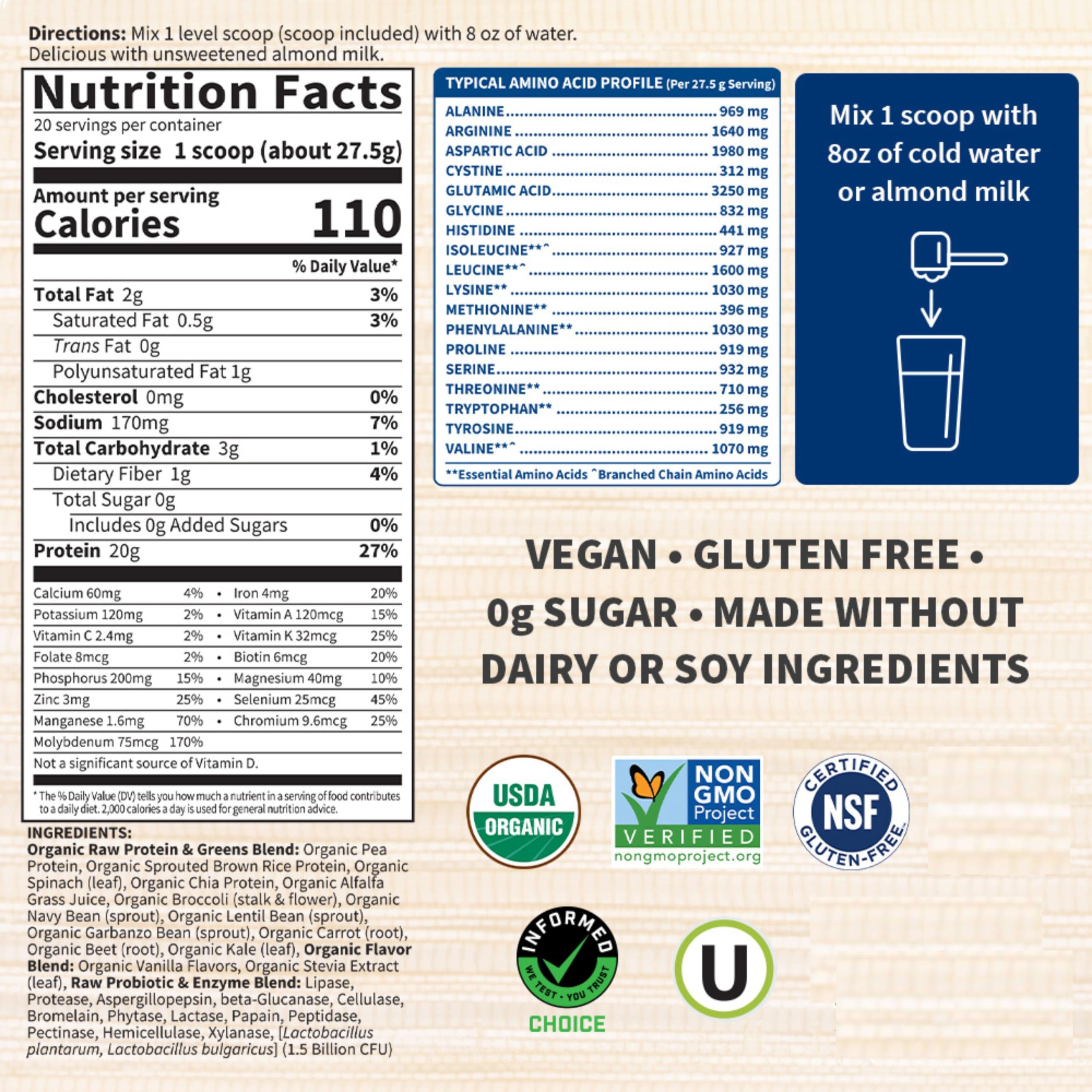 Garden of Life Raw Organic Protein & Greens - Vanilla Flavor Vegan Plant-Based Protein Powder with Pea Protein, Greens & Probiotics for Women & Men - Dairy Free, Gluten Free, Low Carb Shake (20 Servings) - Perfect for Post-Workout Recovery & Healthy Meal Replacement