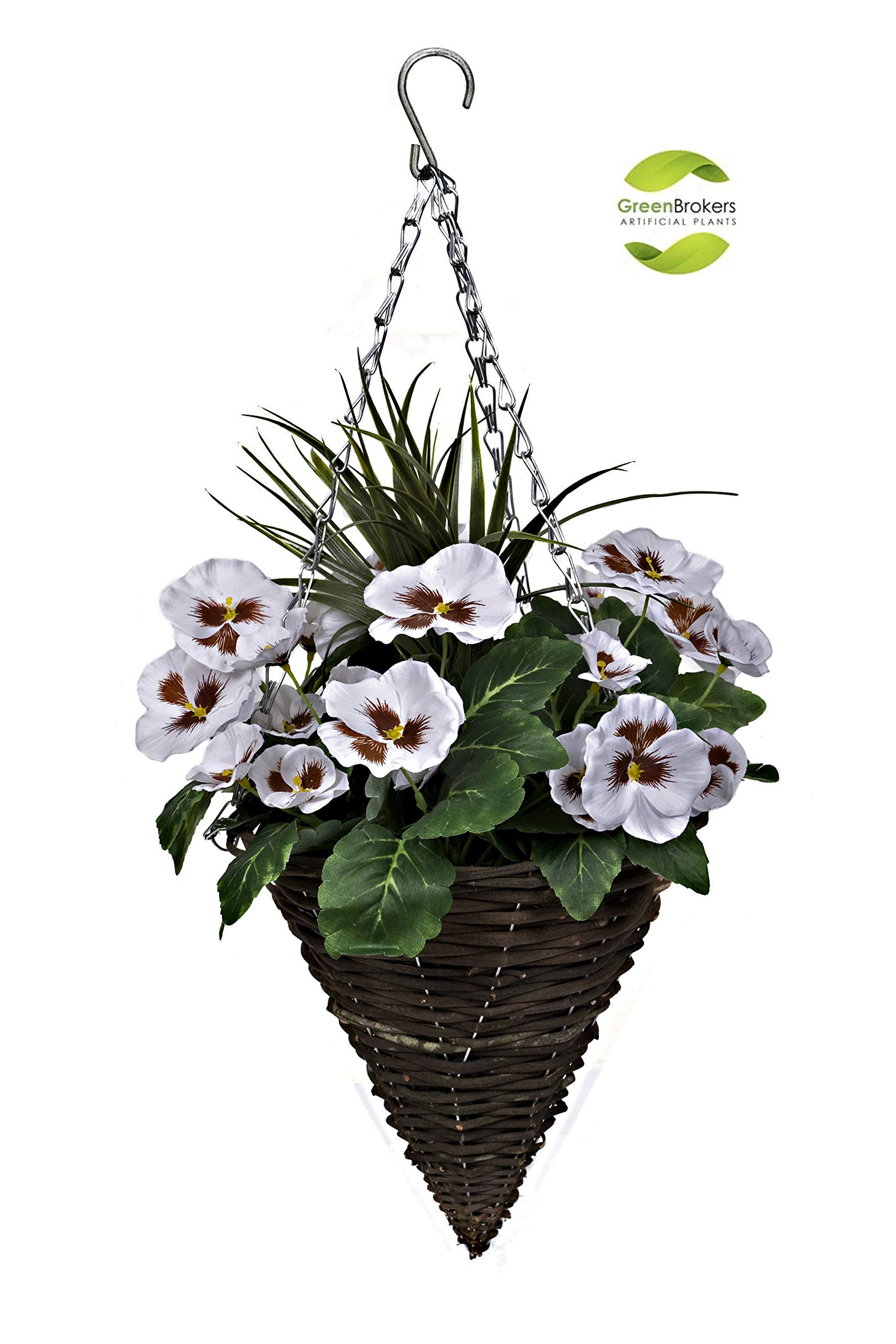 White Artificial Cone Shaped Hanging Baskets with Flowers & Decorative Grasses - Set of 2 | Outdoor Garden Decor, Porch Hanging Planters, Patio Decoration