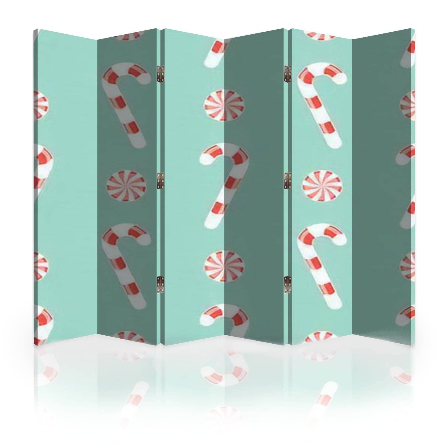 6-Panel Canvas Room Divider Screen - Christmas Candy Seamless Caramel Stick Design - Folding Privacy Partition Wall for Bedroom, Office & Living Room