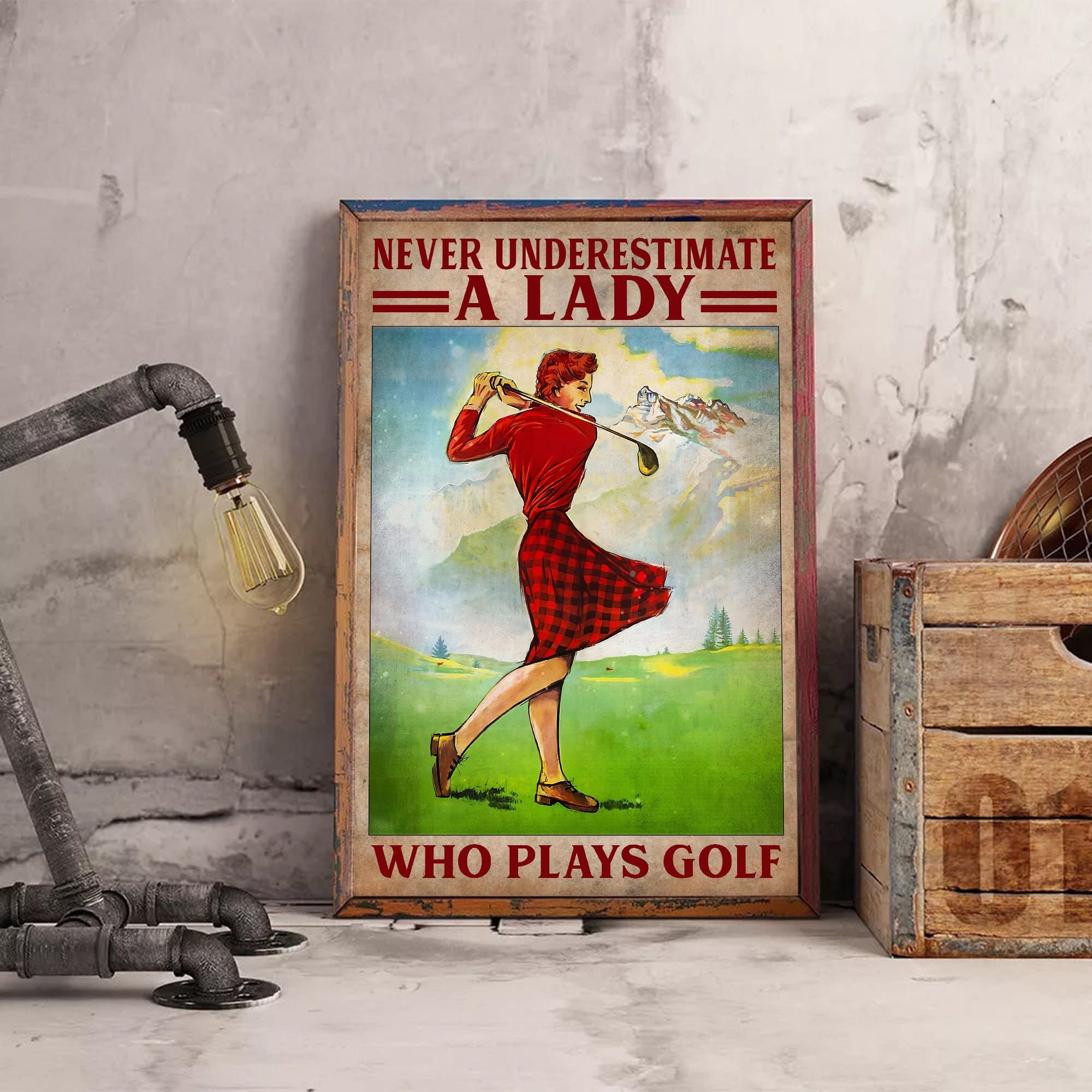 Vintage Metal Tin Sign - Never Underestimate A Lady Who Plays Golf Poster | 5.5x8 Inch Golf Room Decor, Sports Wall Art | Perfect Golf Gifts for Men, Birthday Presents | Ideal for Home Bar, Man Cave, Office & Game Room Decorations