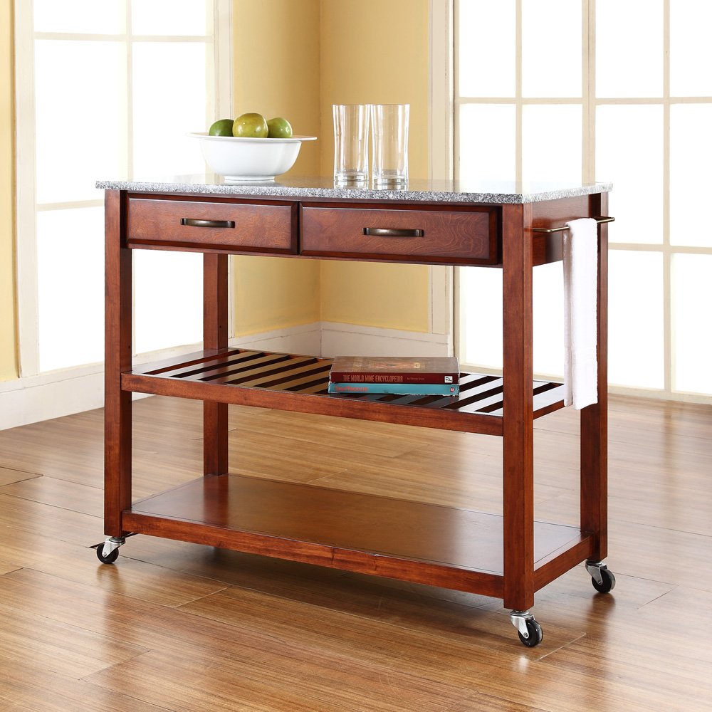 Crosley Granite Top Kitchen Island Cart with Shelves - Microwave Stand, Coffee Bar Station, Cherry Finish - Perfect for Small Spaces, Apartments & Home Kitchen Prep