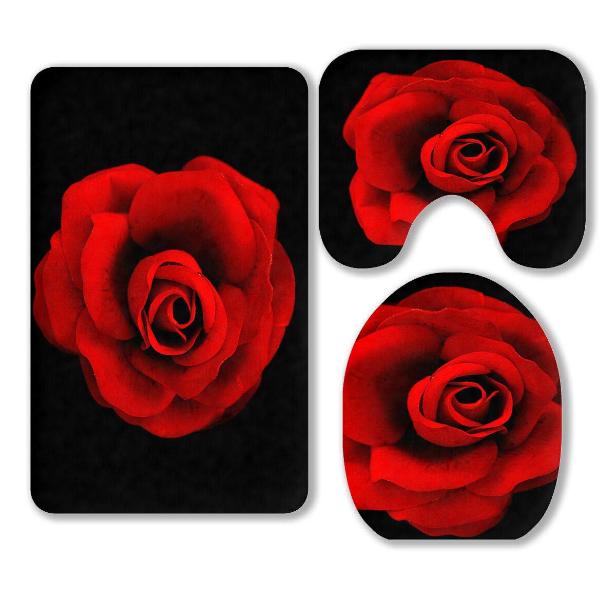 ABPHQTO Floating Single Red Rose Waterproof 3-Piece Bathroom Rug Set - Non-Slip Contour Mat & Toilet Lid Cover for Modern Bathrooms | Perfect for Spa Days, Guest Bathrooms & Luxury Home Decor