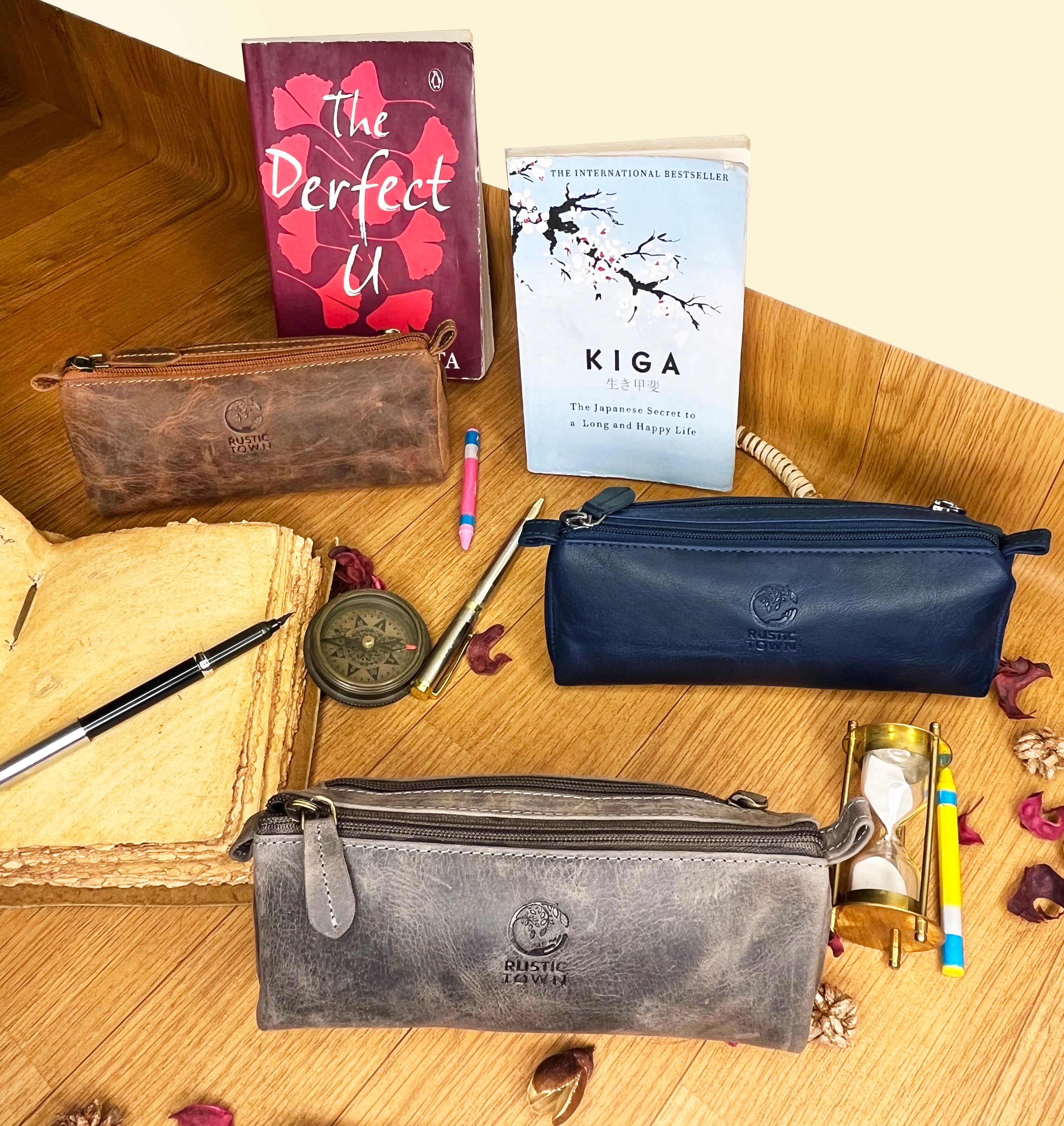 Premium Genuine Leather Pencil Case with Zipper - Blue Pen Pouch for School, Office & Travel Organizer - Perfect for Students, Professionals & Artists