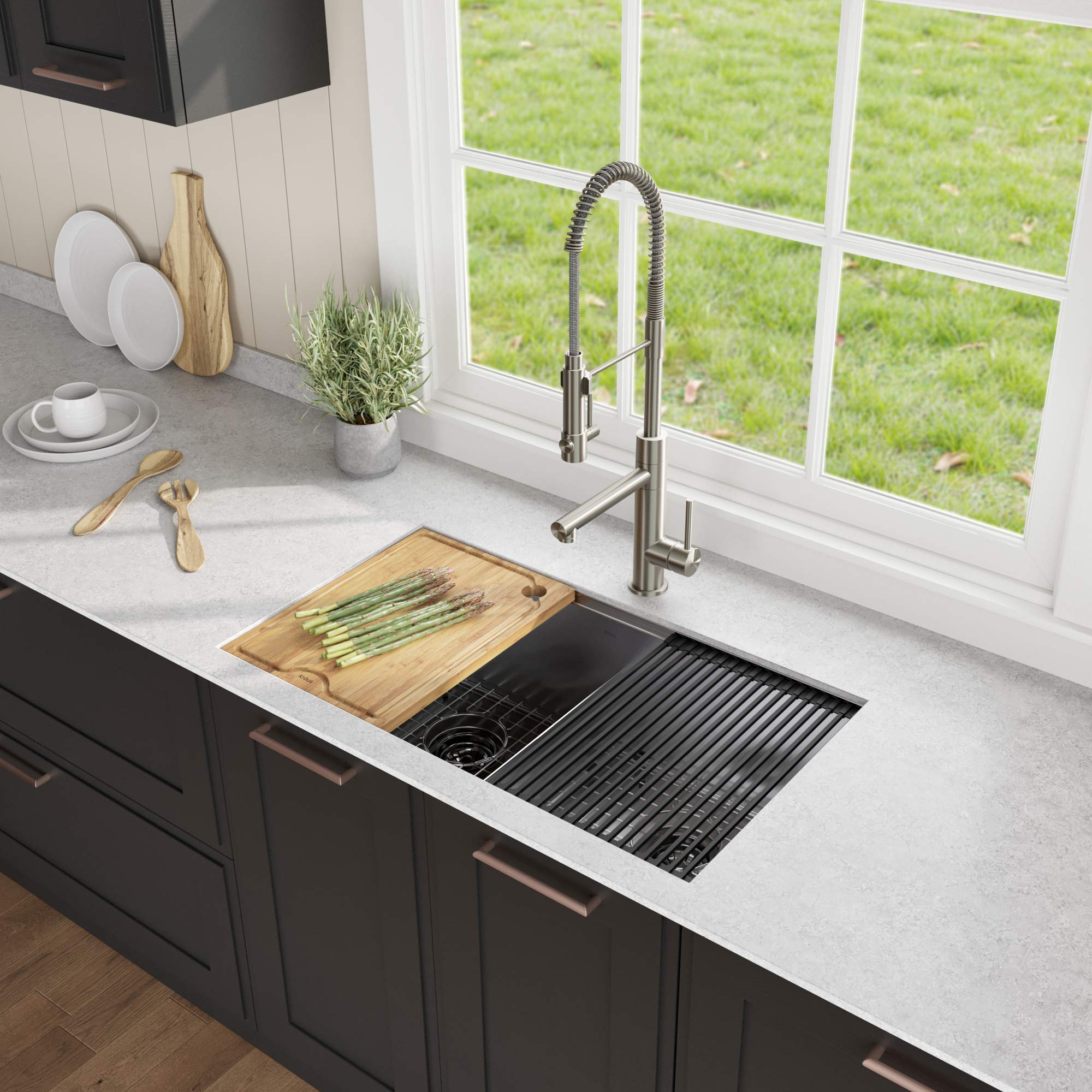 KRAUS Kore™ 33-inch Undermount Double Bowl Stainless Steel Kitchen Sink with Accessories - 16 Gauge, WasteGuard™ Garbage Disposal, KWU112-33-100-75MB - Perfect for Modern Kitchens, Meal Prep & Dishwashing