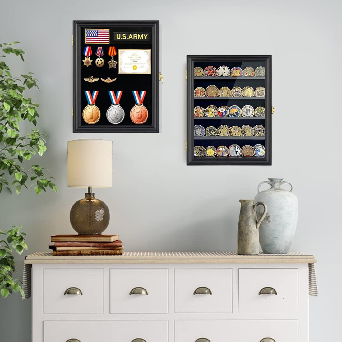 LIUYALO Lockable Shadow Box Display Case - Wall Mounted Medal & Military Challenge Coin Holder with Removable Shelves | Perfect for Collectors, Military Pins, Awards & Memorabilia Organization | Home, Office or Military Barracks Decor