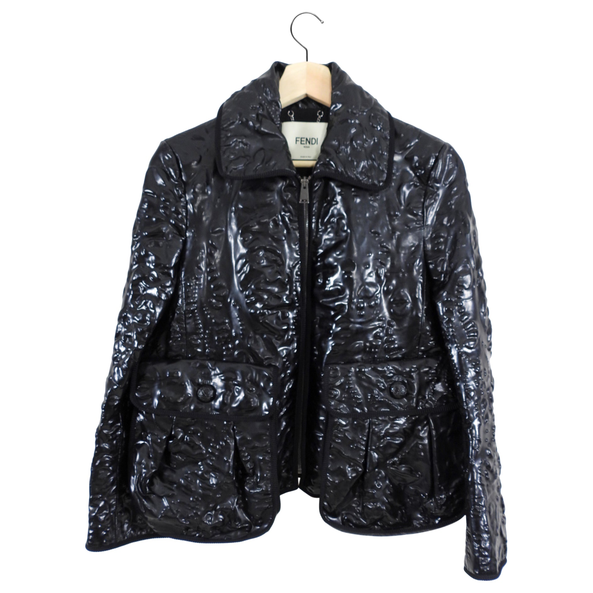 Fendi Black Molded Leather Zip Jacket for Women | USA Size XS / 0 / 2 | Stylish Outerwear for Fall & Winter Fashion, Office Wear & Night Out