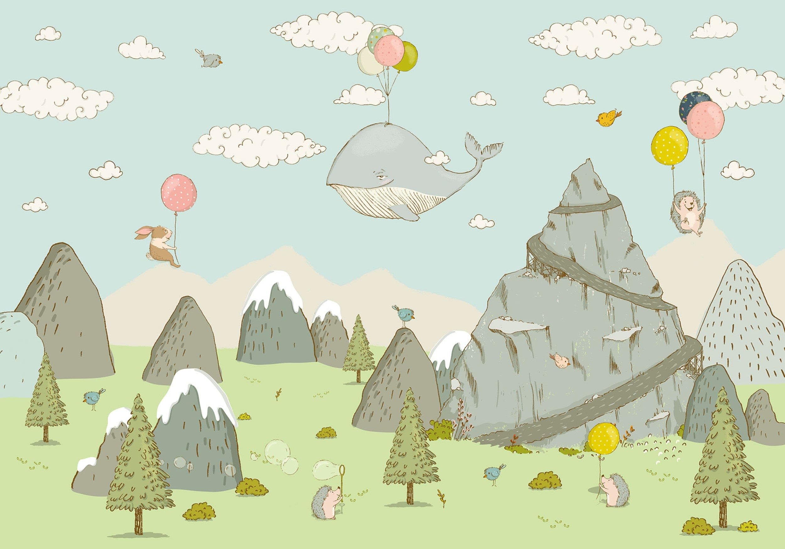 Komar IAX8-0028 Non-Woven Photo Wallpaper - Mountain Traveler Design 400x280cm (157x110in) - Balloon & Bubble Pattern for Kids Room Decor | Nursery, Bedroom, Playroom Wall Covering