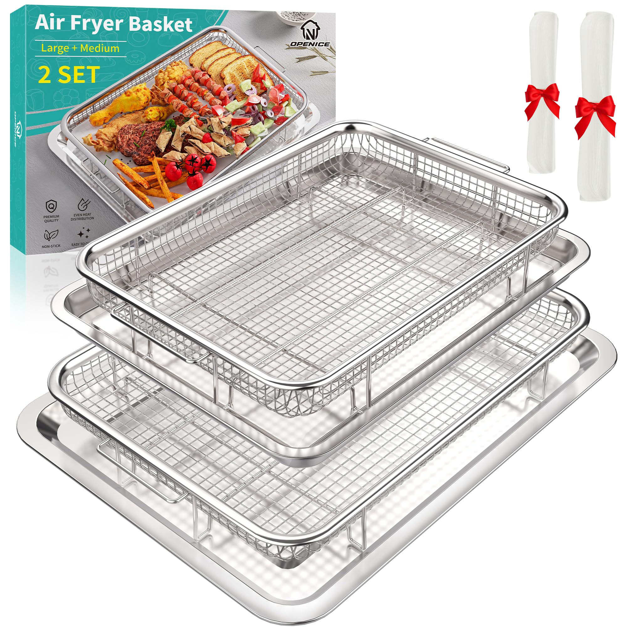 **OPENICE 2-Piece Stainless Steel Air Fryer Basket & Tray Set – Large & Small Size for Oven, Perfect for Crisping Chicken, Bacon, Fries & More – Ideal for Healthy Cooking & Quick Meals**