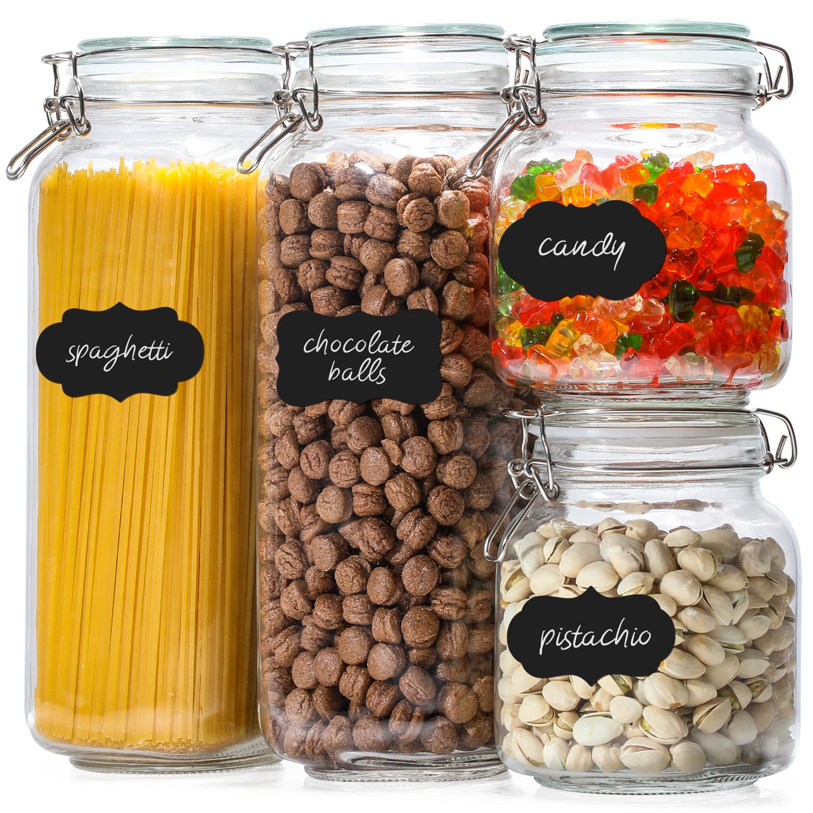 VITEVER Tall Glass Jars with Airtight Lids - 92oz & 34oz Large Food Storage Containers - 4 Pack Wide Mouth Square Mason Jars for Kitchen Pantry Organization - Perfect for Storing Spaghetti, Flour, Sugar, Coffee & Dry Goods