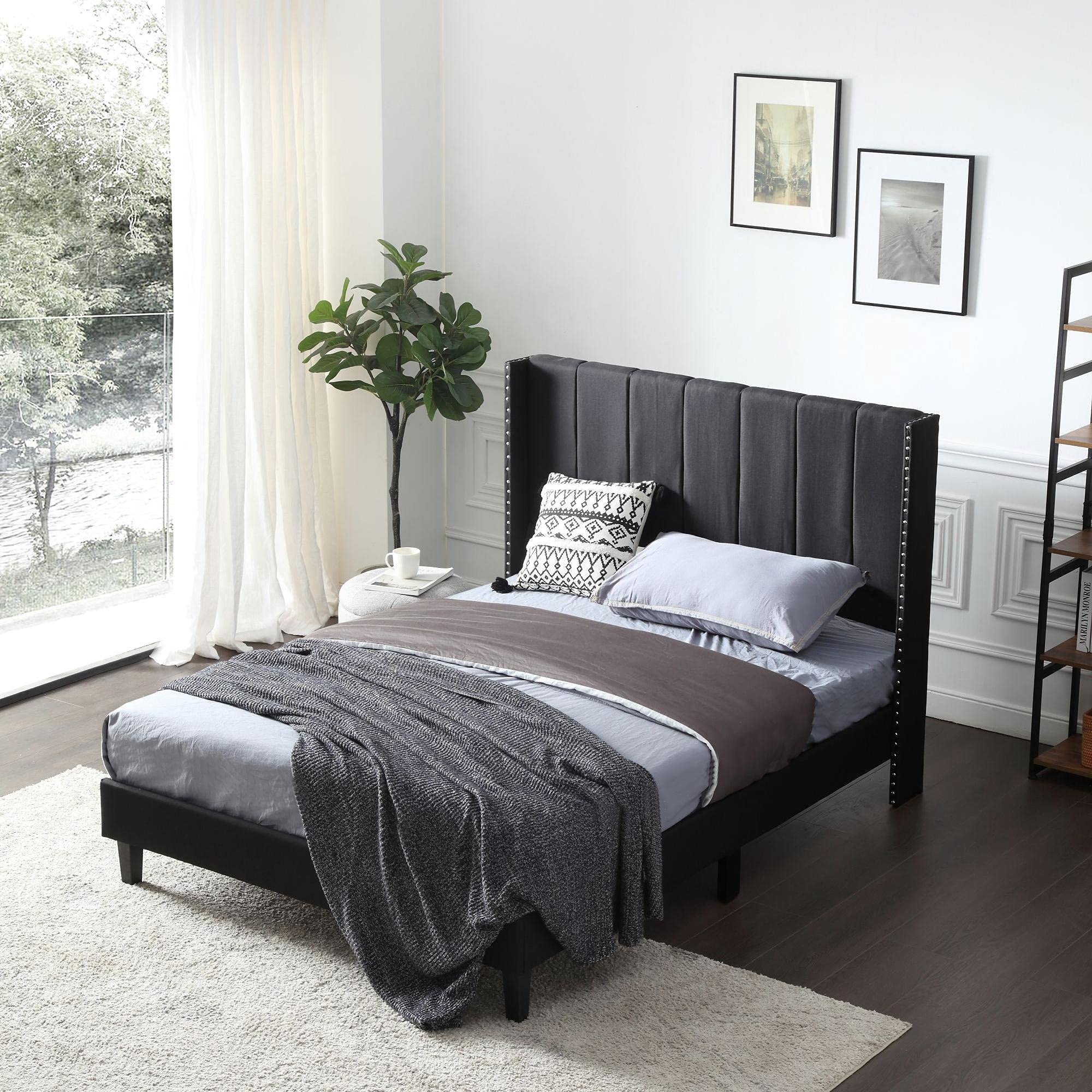 Modern Upholstered Full Size Bed Frame with Headboard & Wood Slat Support - Faux Leather Platform Bed No Box Spring Needed - Easy Assembly Black - Perfect for Guest Rooms, Apartments & Modern Bedrooms