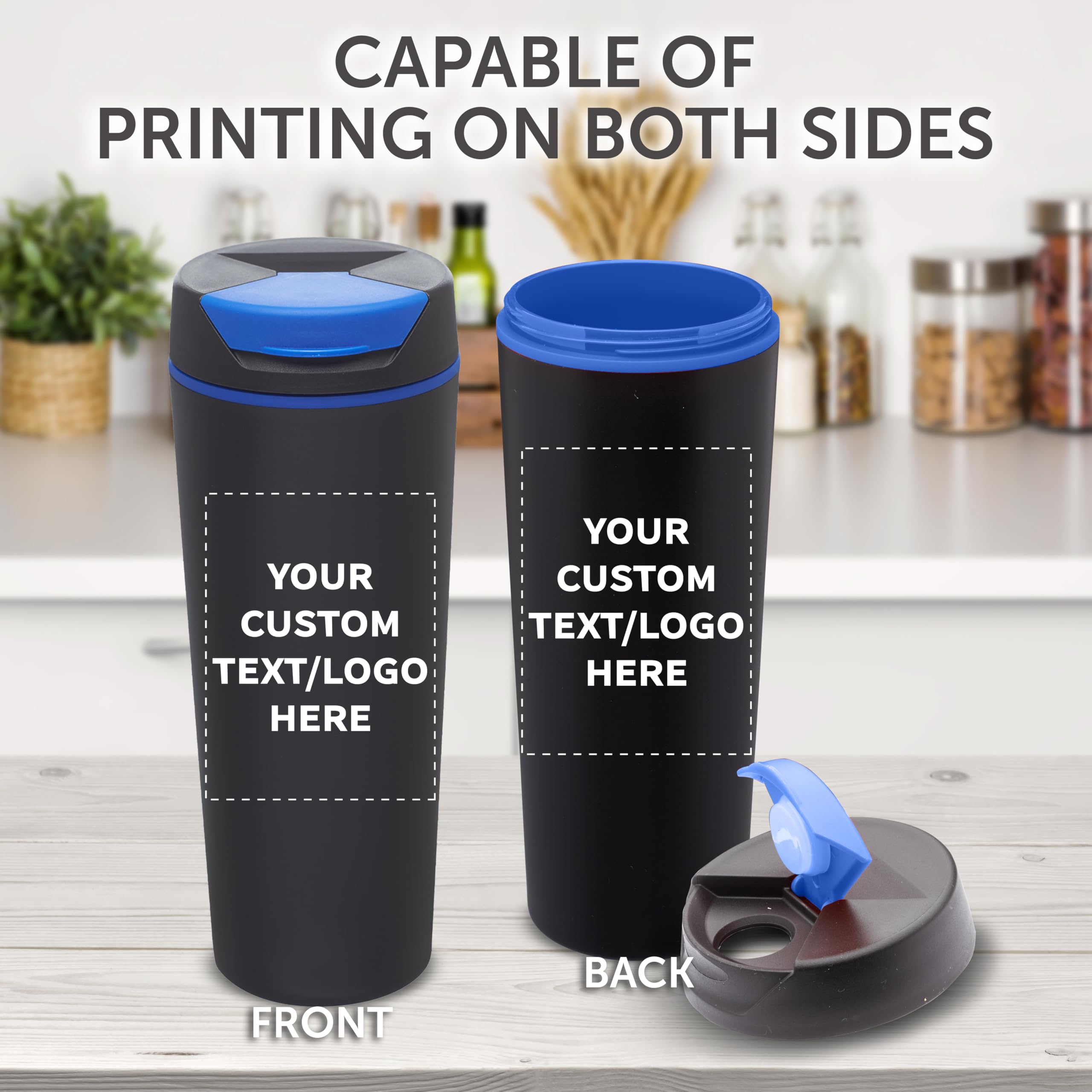 Custom Double Wall Insulated Plastic Travel Mugs 18oz (100-Pack) - Personalized Bulk Coffee Cups for Hot & Cold Beverages - Black & Blue - Perfect for Office, Events, Restaurants & Coffee Shops