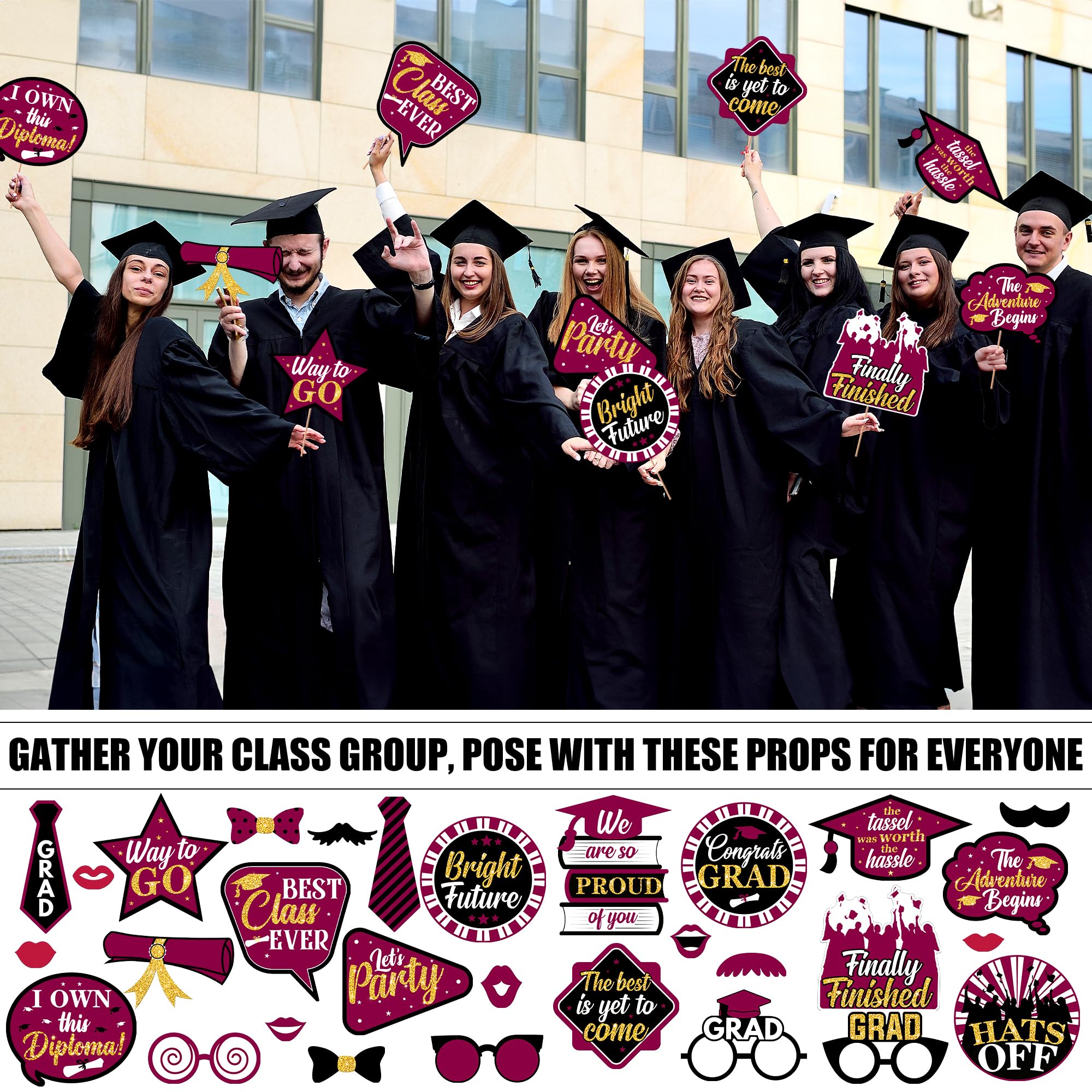 KatchOn 30-Pack Glitter Graduation Photo Booth Props 2025 - Maroon & Gold Graduation Decorations for Class of 2025 | Perfect for Graduation Parties, Photo Booths & School Celebrations