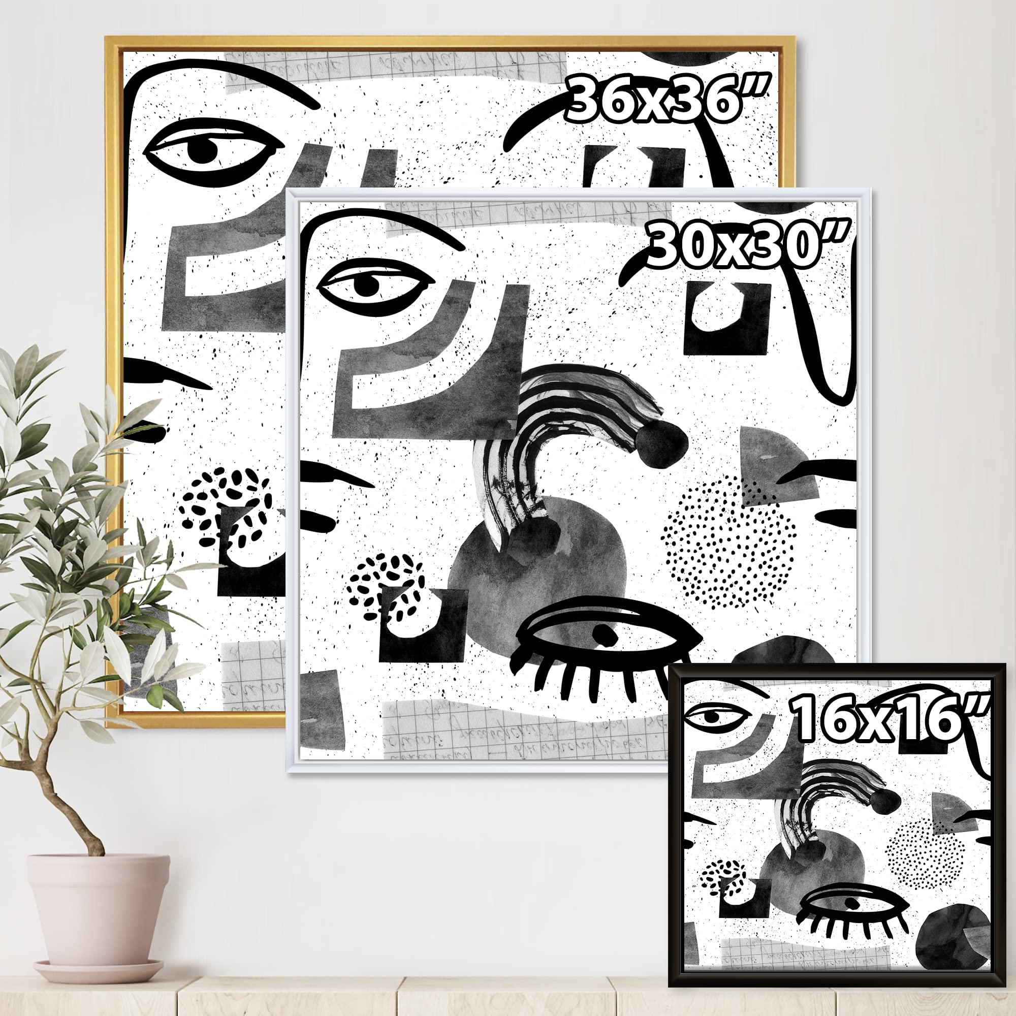 Contemporary Style II Collage of Eyes & Doodles - Modern Framed Canvas Wall Art Print for Living Room, Bedroom & Office Decor