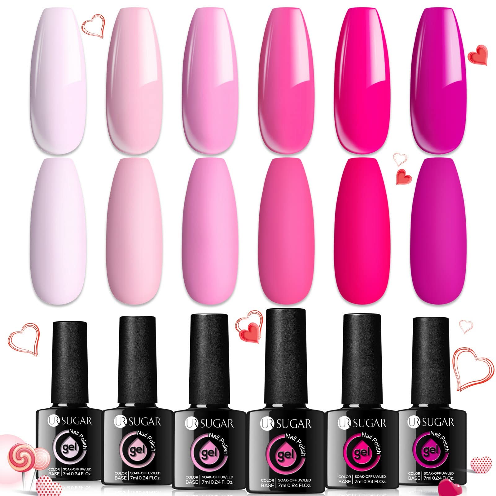 UR SUGAR 6 Colors Pink Gel Nail Polish Set - Soak Off UV/LED Lamp Nail Varnish Kit with Light Pink, Neon Pink & Hot Pink Shades | All-Season DIY Manicure | Valentine's Day Gift for Women & Girls | Perfect for Home Nail Art, Parties & Special Occasions