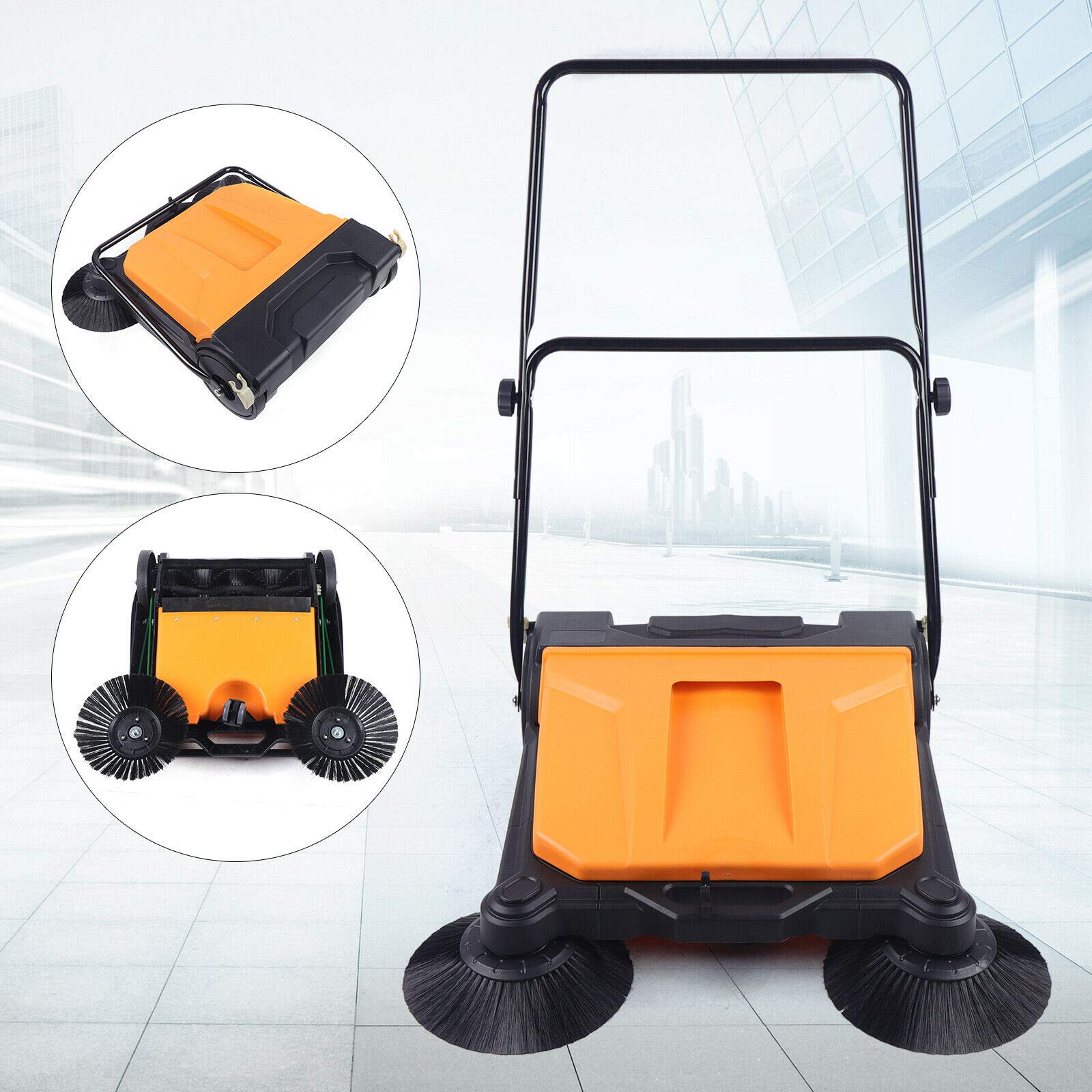 26 Inch 15L Heavy Duty Walk-Behind Floor Sweeper - Manual Push Commercial Cleaning Machine for Outdoor, Large Areas & Street Sweeping - Ideal for Warehouses, Parking Lots & Sidewalks