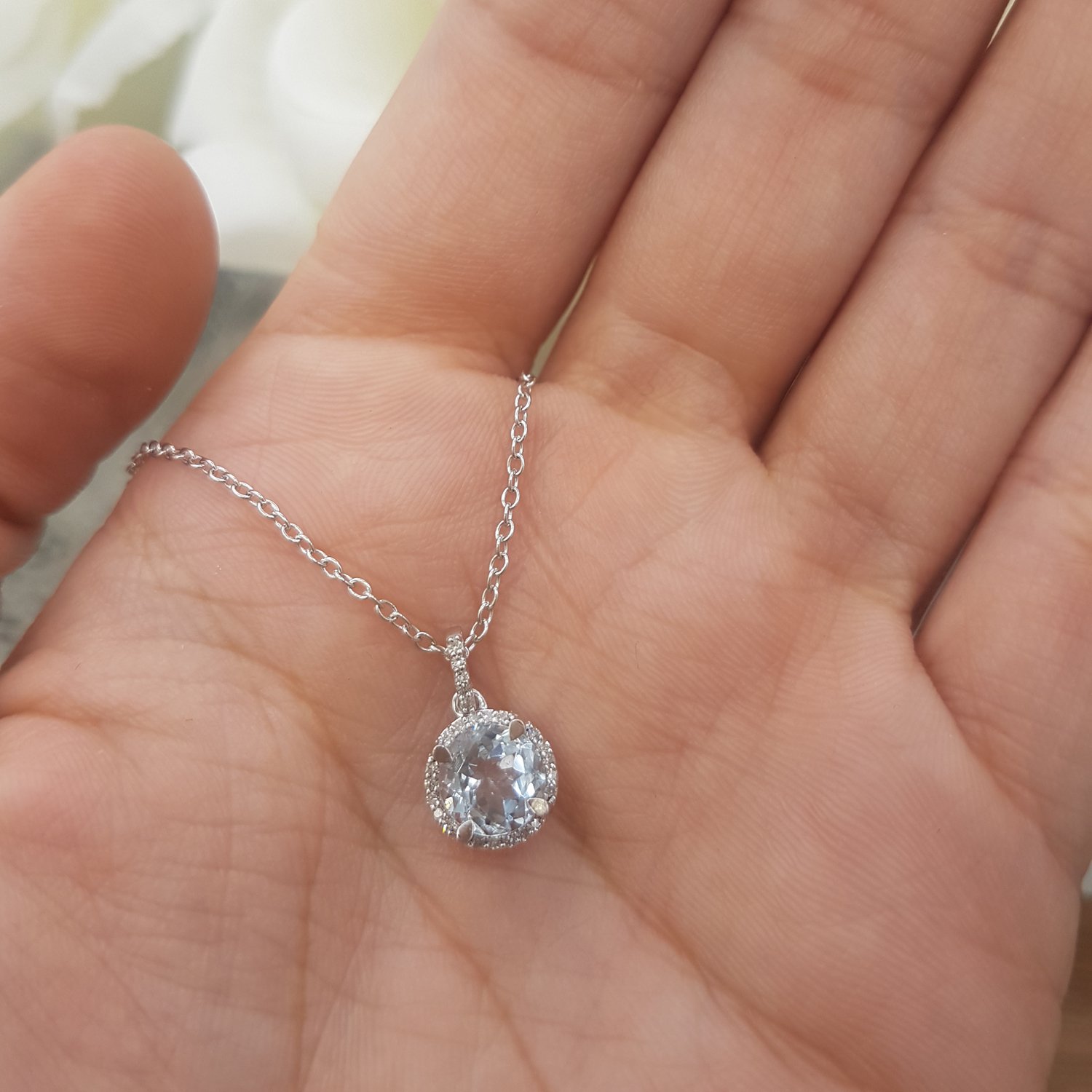 6.5mm Round Gemstone & White Diamond Women's Halo Pendant Necklace - 10K Solid White Gold with Silver Chain | Elegant Jewelry Gift for Anniversary, Birthday & Special Occasions