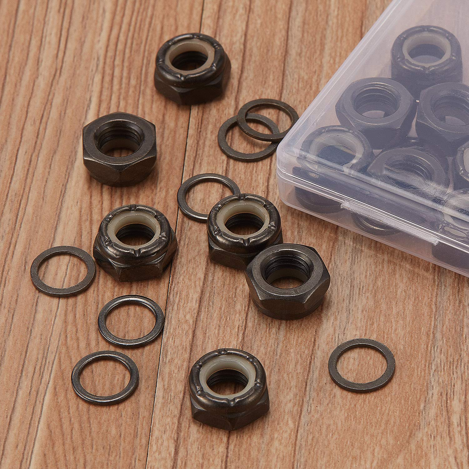 16-Piece Black Skateboard Truck Nuts & Axle Washers Kit - Durable Longboard Hardware Set for Smooth Riding & Board Maintenance | Perfect for Street Skating, Cruising & DIY Skateboard Repairs