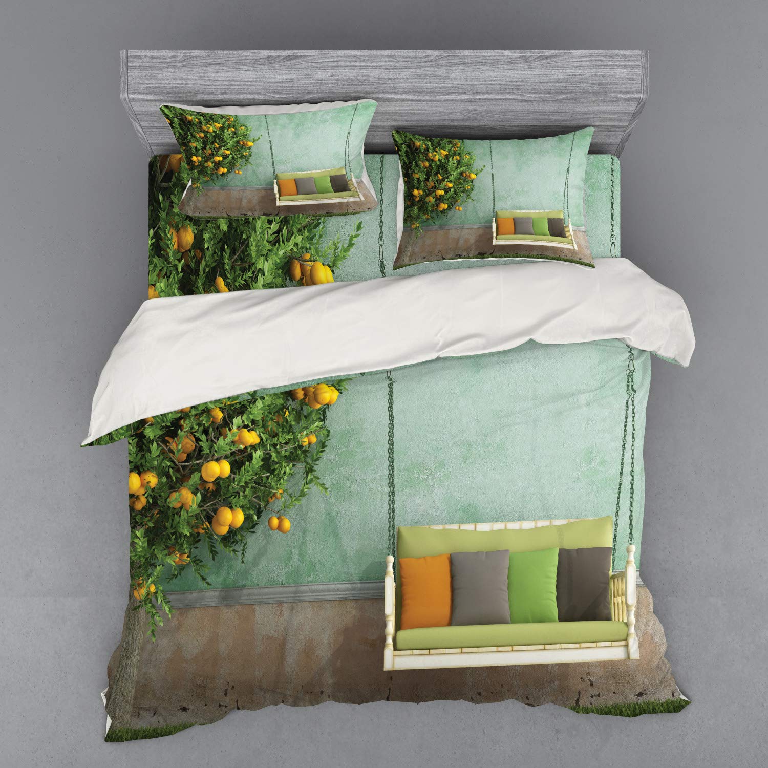 Ambesonne Vintage Garden Bedding Set - 4 Piece Duvet Cover with Shams & Fitted Sheet, King Size, Yellow Green Floral Design - Perfect for Spring & Summer Bedroom Decor, Guest Room or Vacation Home