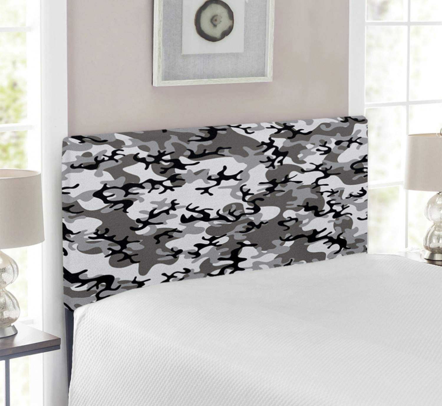 Ambesonne Camouflage Headboard - Twin Size Upholstered Metal Bed Frame with Memory Foam in Black Grey | Military Style Home Decor for Bedroom, Dorm & Guest Room