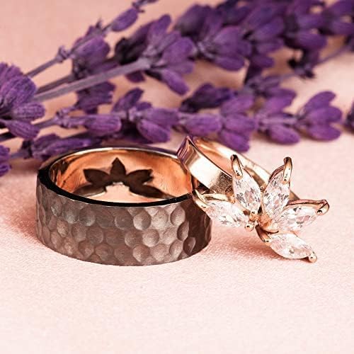 Lotus Flower Silver Wedding Rings Set for Couples - His & Hers Matching Zirconia Wedding Bands - Sterling Silver Engagement Rings with Cubic Zirconia Stones - Perfect for Anniversaries, Proposals, and Romantic Gifts