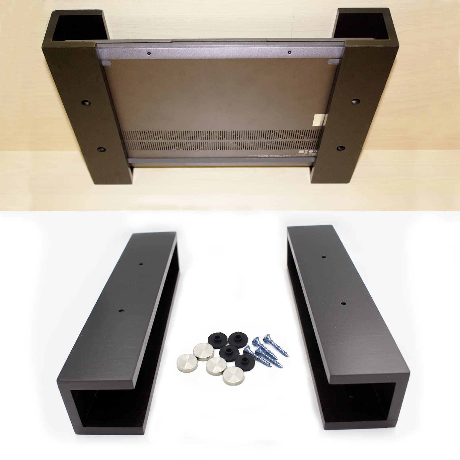 Orisell Bamboo Under Desk Laptop Mount with Screws - Adjustable Under Desk Laptop Holder for Home Office, Real Hardwood Ergonomic Computer Stand (Black, Long Size) - Perfect for Workspace Organization & Cable Management