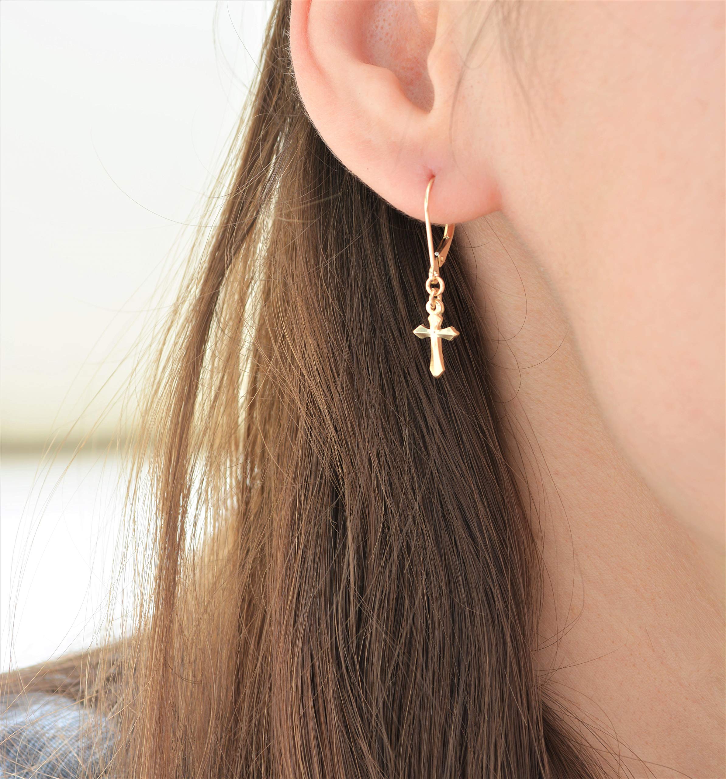 14K Gold Small Dangle Cross Earrings for Men & Women – Handmade in USA – Solid 14K Yellow Gold Pair (2 Earrings) – Perfect for Everyday Wear, Gifts & Religious Occasions