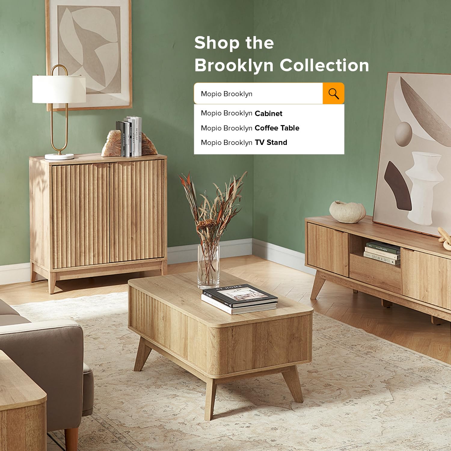 Mopio Brooklyn Storage Cabinet - Modern Farmhouse Entryway Accent Cabinet with Fluted Panel Doors & Shelf, Wooden Buffet Sideboard, Console Table & Credenza for Living Room, Dining Room & Bedroom Organization (Oak, Single)