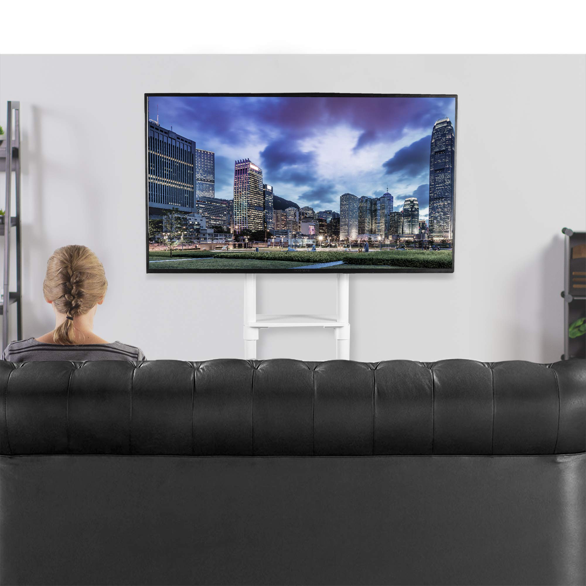 Premium TV Cart Stand for 32-88 Inch Screens up to 154 lbs - Universal Mobile TV Mount for Samsung Digital Flipchart, Microsoft Surface Hub 2S - Adjustable Portrait/Landscape with Shelf & Wheels - Max VESA 600x400 - White (STAND-TV02PW) - Perfect for Conference Rooms, Classrooms & Home Theaters