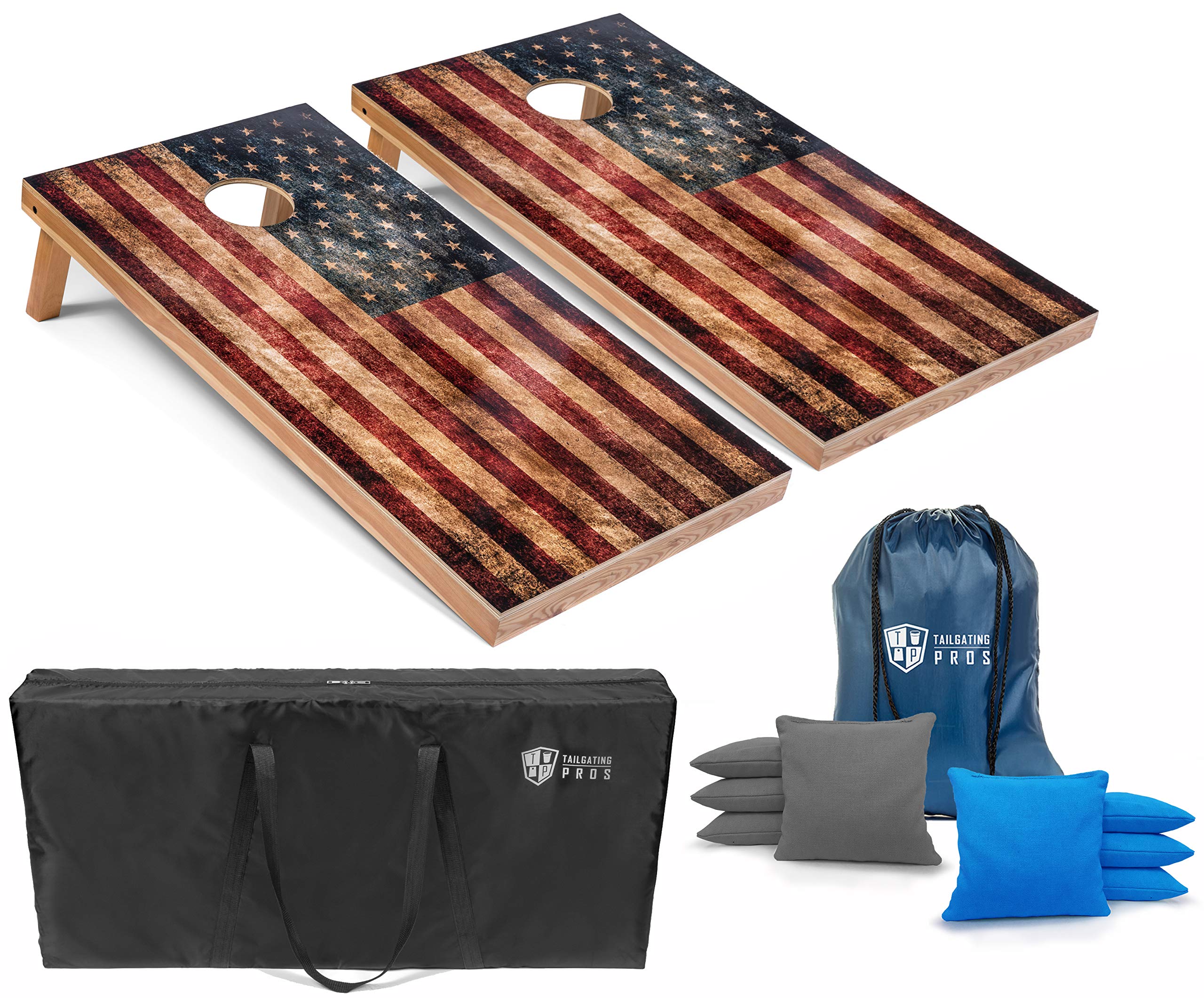 Rustic American Flag Cornhole Boards Set with Bean Bags - 4'x2' Distressed Wooden Cornhole Game for Outdoor Tailgating, Backyard Parties & BBQs - Includes Carrying Case & 8 Regulation Cornhole Bags