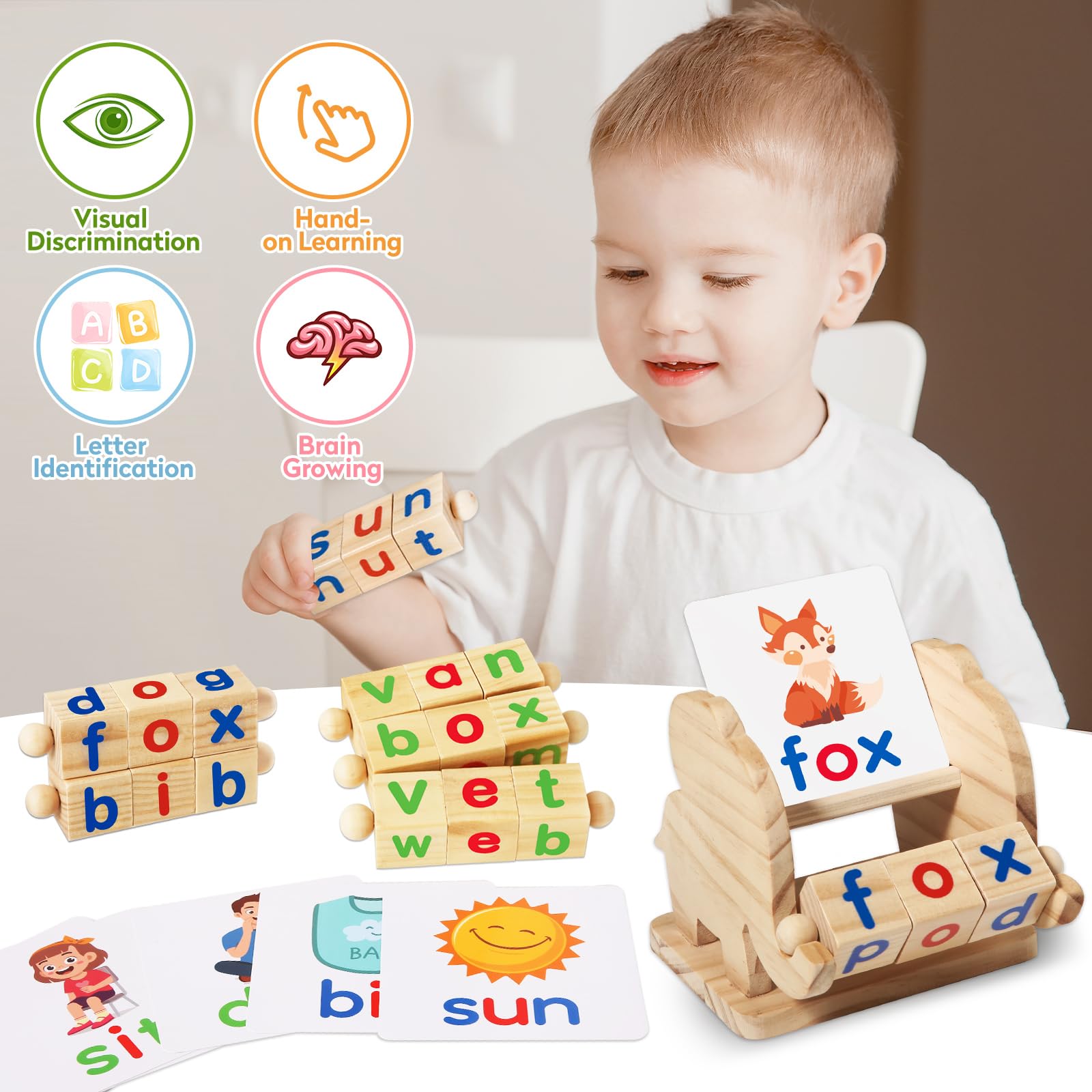 Montessori Wooden Reading Blocks & Flash Card Games - Educational Learning Toys for Kids Ages 3-5, Preschool Kindergarten Activities, Alphabet Matching Rotating Letter Blocks (Perfect for Homeschooling & Early Childhood Development)