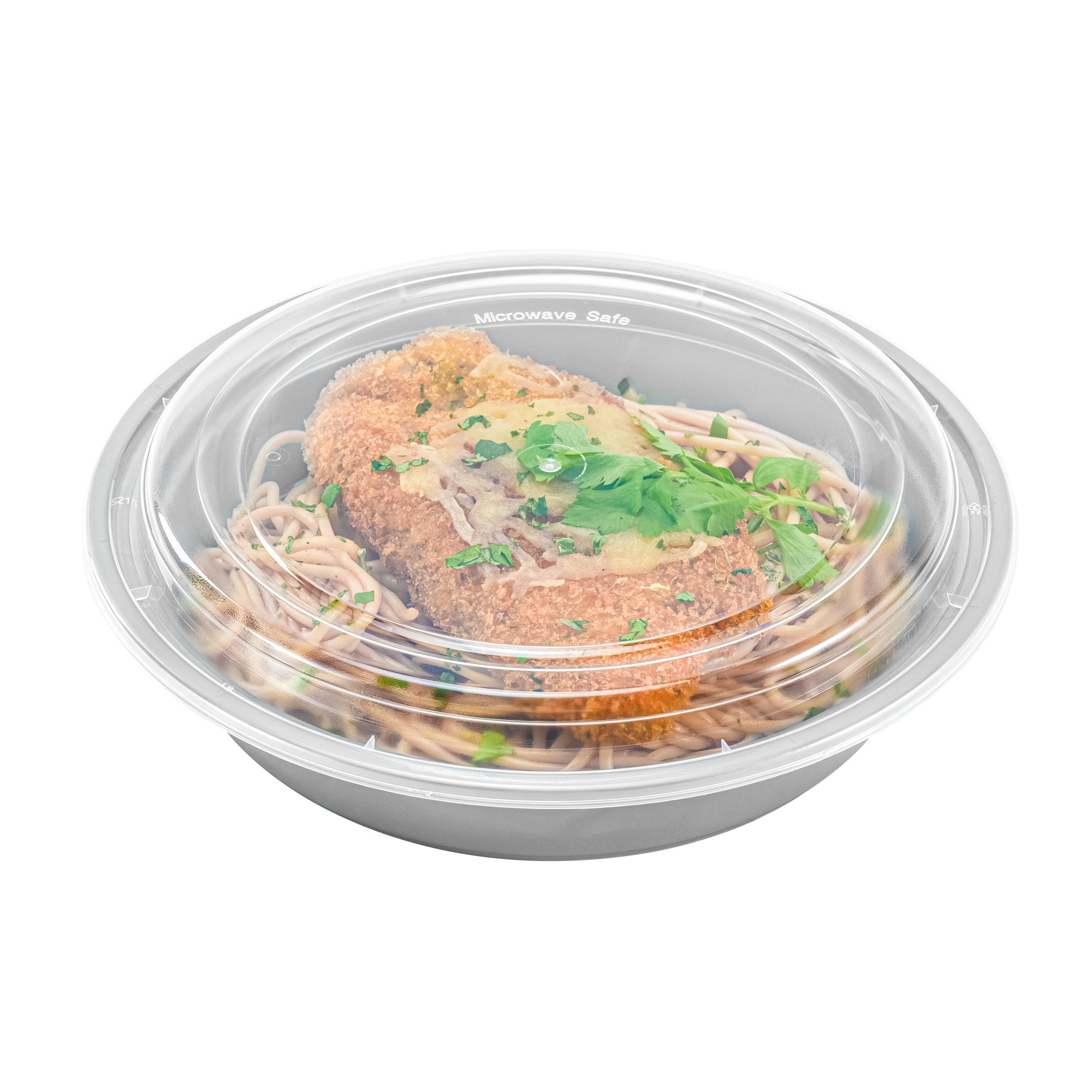 48oz Round Silver Plastic Takeout Containers with Clear Lids - 100 Pack (9