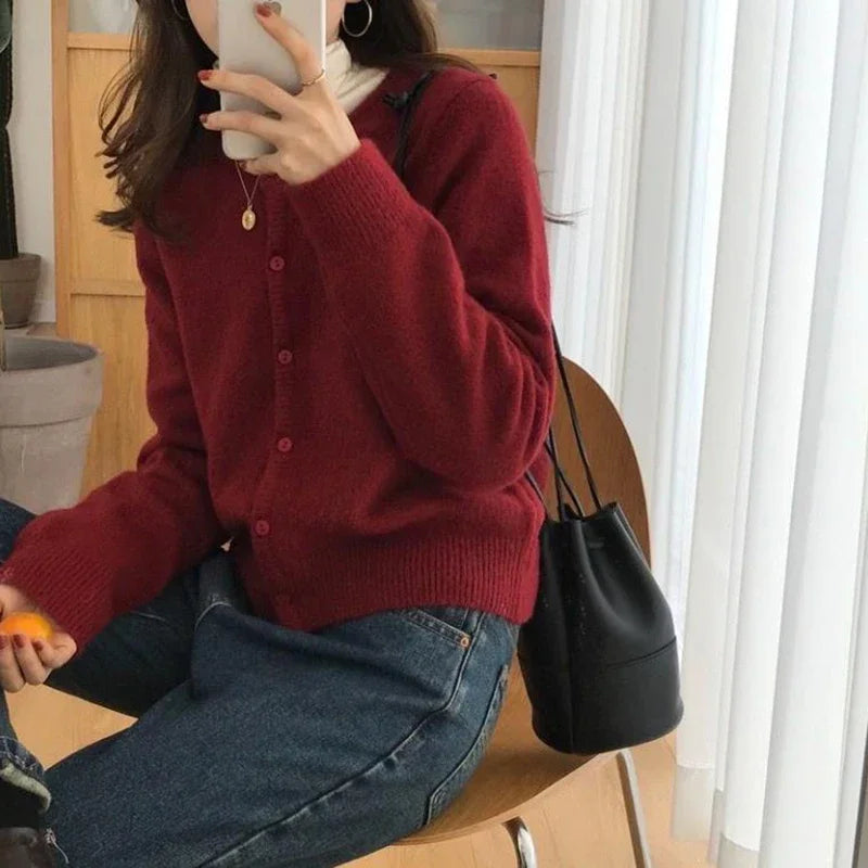 Solid Color Knitted Cardigan Round Neck Sweater for Women - Cozy Casual Pullover for Fall & Winter - Perfect for Office, Dating, and Travel