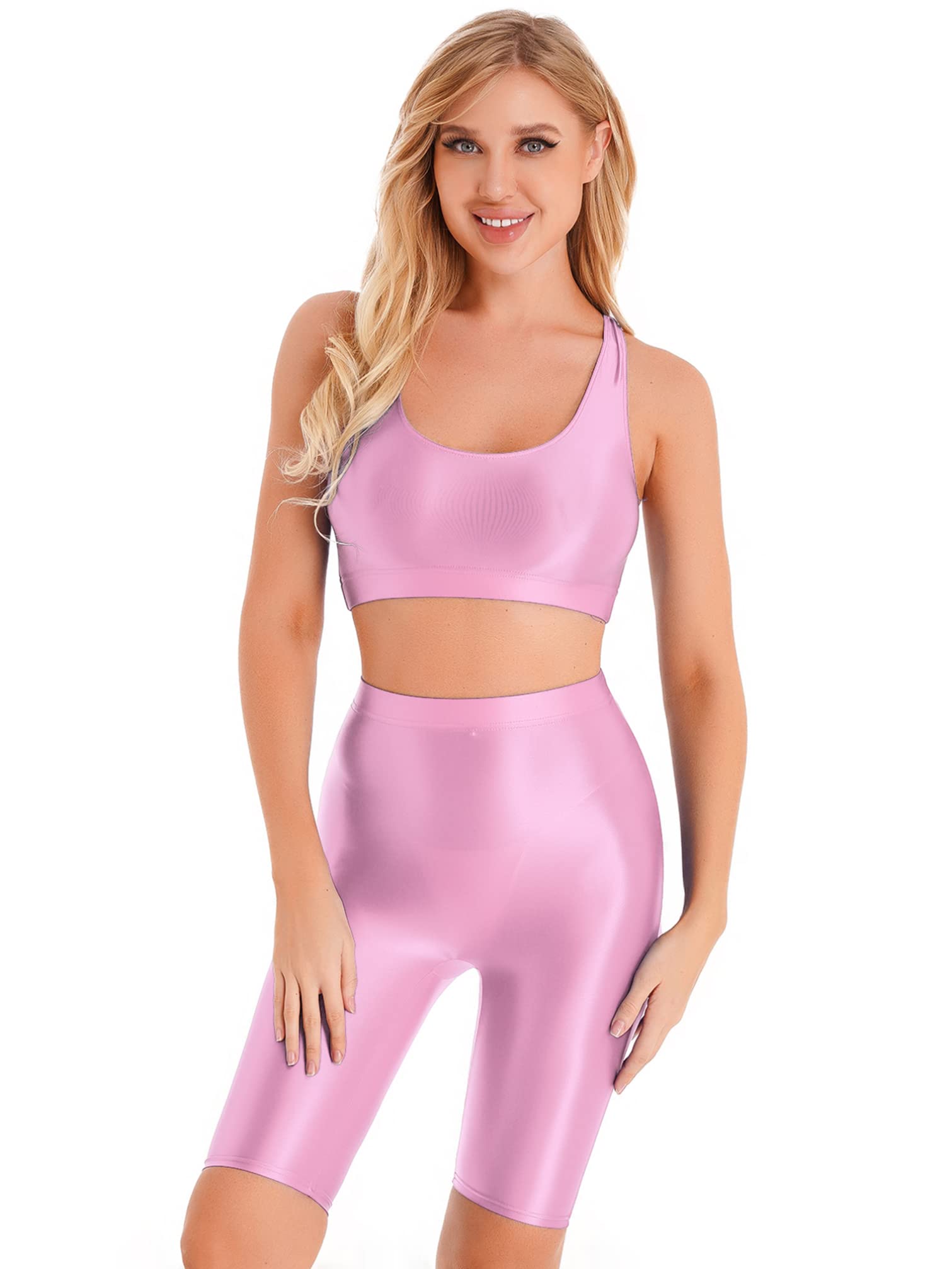 YiZYiF Women's 2-Piece Glossy Yoga Set - Sleeveless Crop Top & Shorts for Workout, Gym, Running & Lounge Wear | Activewear Tracksuit Outfit
