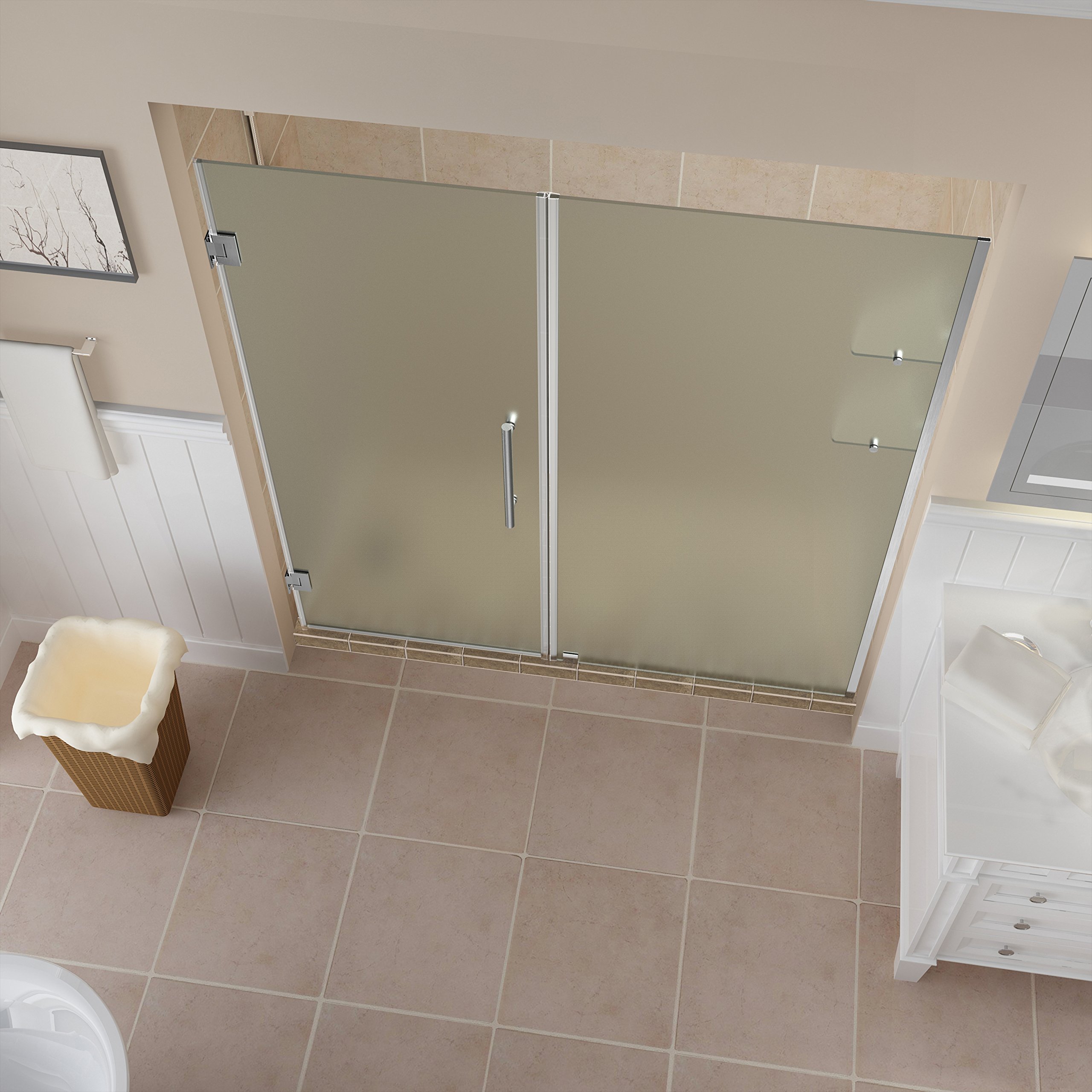 Frosted Glass Frameless Hinged Shower Door with Shelves - Aston Belmore GS Series for Modern Bathrooms | Easy Installation & Space-Saving Design for Small Bathrooms