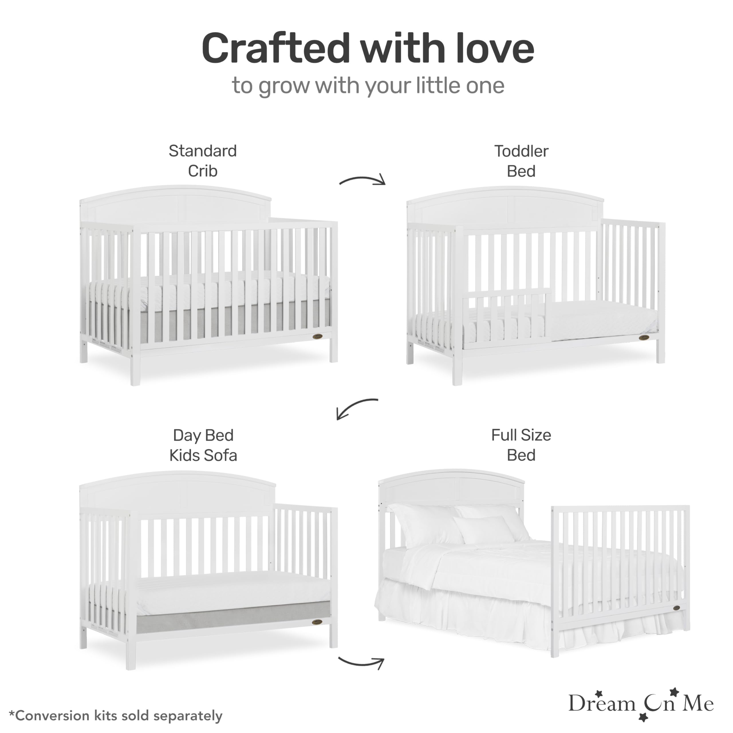 EVOLUR Dream On Me Storybrooke 5-in-1 Convertible Baby Crib - White | JPMA & Greenguard Gold Certified | Sustainable Pinewood Construction | 3 Adjustable Mattress Heights | Non-Toxic Water-Based Paint | Perfect for Nursery, Bedroom & Daycare Use