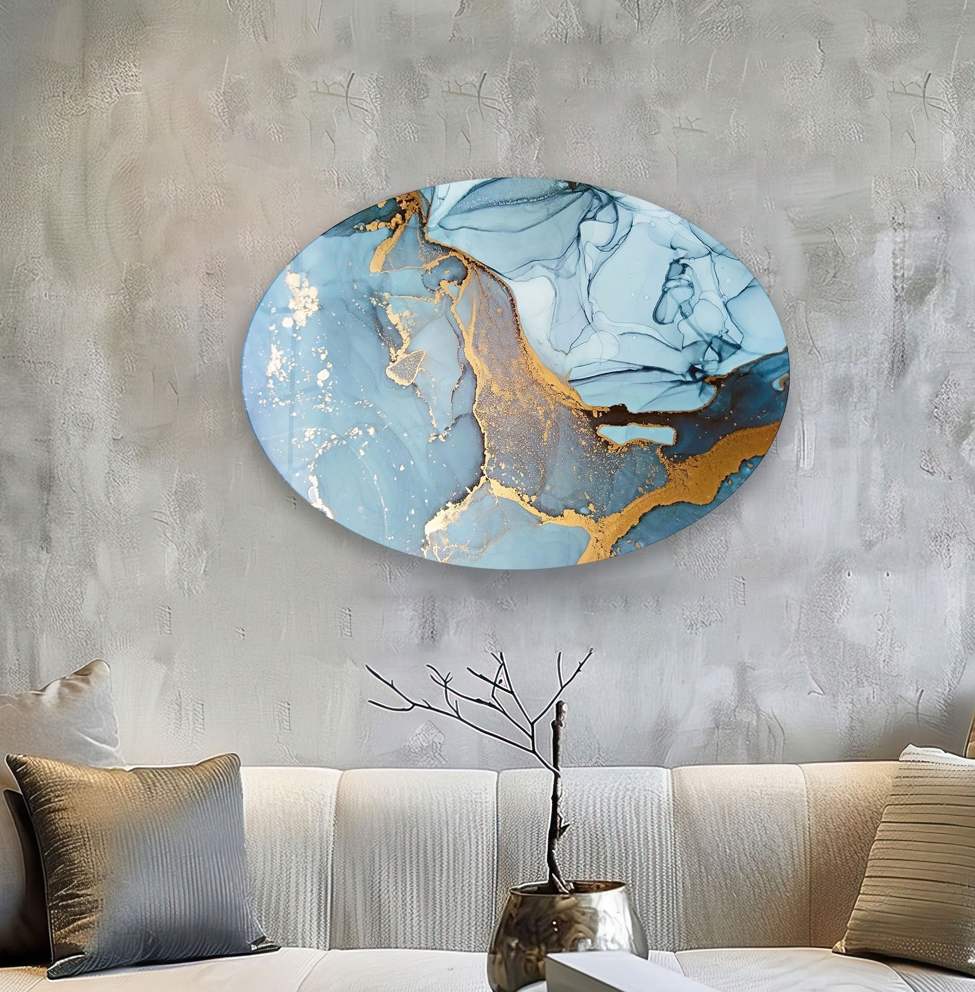 Abstract Blue Marble Glass Wall Art - Asymmetric Oval Design for Modern Home & Office Decor | Handmade Glass Artwork for Living Room, Bedroom, or Entryway