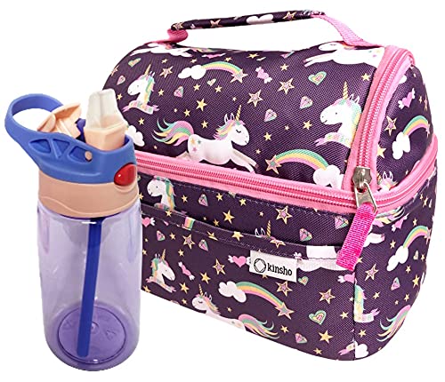Unicorn Insulated Lunch Box and Water Bottle Set for Toddler Girls - 2 Compartment Bento Box for Preschool, Daycare & Kindergarten - Leakproof Snack Container for Kids - Perfect for School Lunches, Picnics & Outdoor Activities (Purple Unicorn Design)
