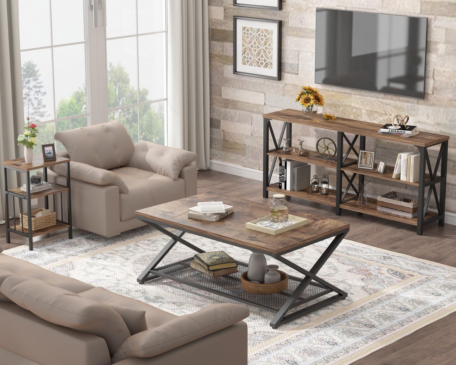 LVB Rustic Coffee Table - 39 Inch Industrial Metal & Wood 2-Tier Cocktail Table with Storage Shelf | Farmhouse Style Rectangle Center Table for Living Room, Office & Bedroom | Rustic Brown Finish | Perfect for Small Spaces, Home Decor & Entertaining Guests