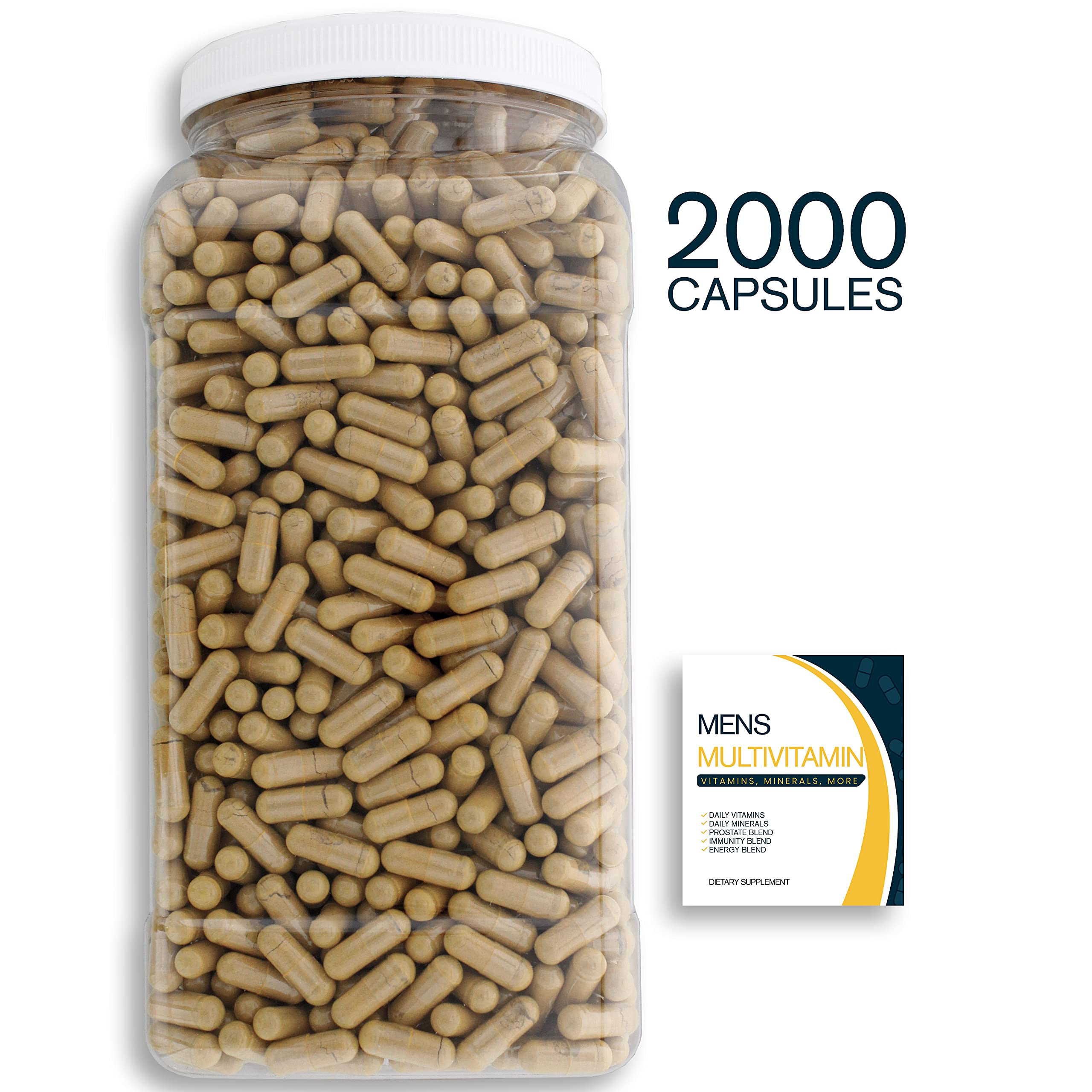 Daily Multivitamin & Men's Health Supplement - 2000 Capsules with Essential Vitamins, Minerals, Antioxidants & Energy Boost | Clear Square Grip Jar | Supports Immune System, Heart Health & Vitality for Active Men